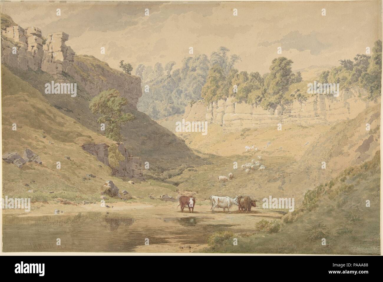 Le bétail à un point d'eau dans une vallée. Artiste : John Henry Mole (British, Alnwick, Northumberland, 1814-1886). Fiche technique : Dimensions : 13 x 19 7/16 po. (33 x 49,4 cm). Date : 1830-86. Né dans le Northumberland, Mole a travaillé comme commis avant de devenir un professionnel miniaturiste et exposant à Newcastle-upon-Tyne et Londres. Autour de 1846, il a déplacé son centre d'intérêt pour le paysage et est devenu un membre à part entière de la nouvelle société de l'aquarelle en 1848 (plus tard l'Institut des peintres à des couleurs de l'eau), par la suite, à titre de vice-président et exposition de 679 œuvres à leur assemblée s'affiche. 'Bovins à Watering Hole' est Banque D'Images