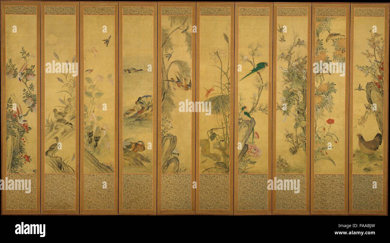 Oiseaux et fleurs. Artiste : l'Artiste non identifié, le coréen. Culture : la Corée. Dimensions : Image (chaque panneau) : 54 3/8 x 10 3/8 in. (138,1 x 26,4 cm) Total : 73 5/8 po. × 11 pi. En 3/8. (187 × 336,2 cm). Date : fin du xixe ou début du xxe siècle. Peintures d'oiseaux et de fleurs ont une longue tradition dans l'Est de l'art asiatique en Corée paravent représentant des combinaisons d'oiseaux et de fleurs est devenu courant à la fin de la période Joseon et a continué à être populaire au xxe siècle. Composé soigneusement et méticuleusement détaillés, les scènes de cette exquise et colorés sont caractérisées par l'écran peint Banque D'Images