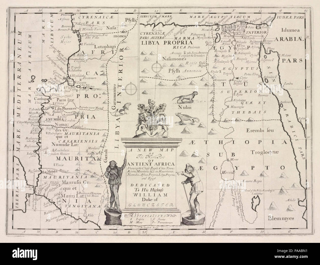 Une nouvelle carte de la partie nord de l'Afrique antient shewing the chiefe les gens, les villes, villages, rivières, montagnes, &c. en Mauritanie, la Numidie, en Afrique, la Libye Propria propria, et l'Egypte Banque D'Images