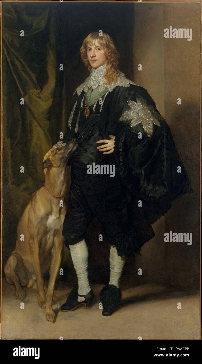 James Stuart (1612-1655), duc de Richmond et Lennox. Artiste : Anthony Van Dyck (flamande, Anvers 1599-1641 Londres). Dimensions : 85 x 50 1/4 in. (215,9 x 127,6 cm). Date : ca. 1633-35. En 1641 le quatrième duc de Lennox a été créé en premier duc de Richmond par son cousin, Charles I, roi d'Angleterre. Quatre ans plus tôt, il avait épousé Mary Villiers, fille du roi's favorite, le duc de Buckingham. Van Dyck peint probablement ce majestueux portrait peu après Stuart's de l'insigne de l'ordre de la Jarretière, en novembre 1633. Le Silver Star, le moindre 'George' médaille sur un ruban vert, et Banque D'Images