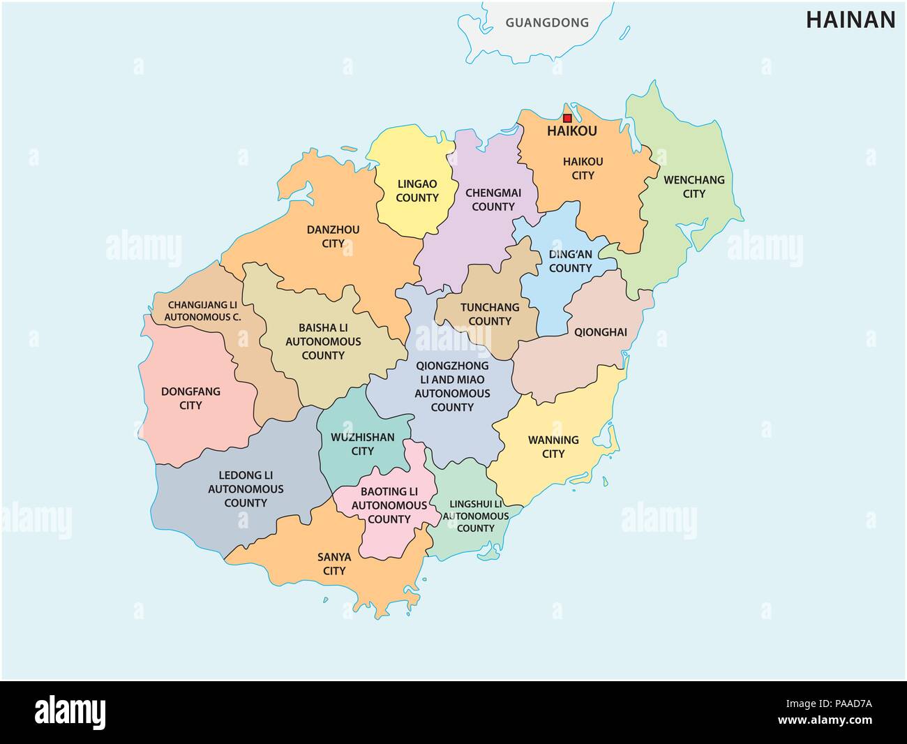 Politique et administratif de hainan carte vectorielle, Chine Illustration de Vecteur