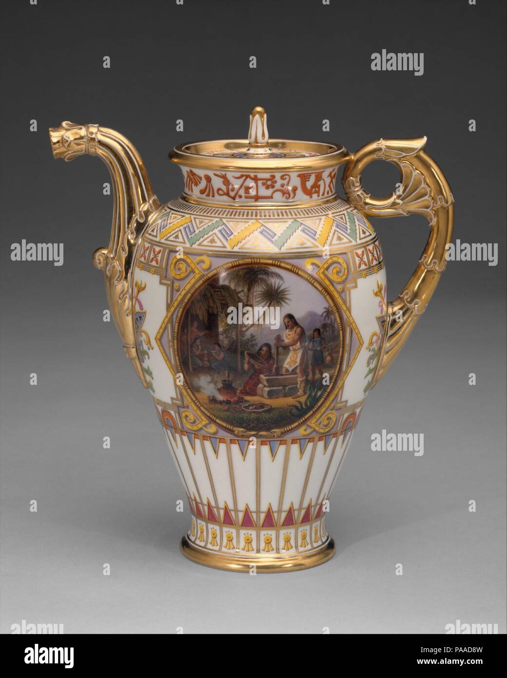 (Cafetière cafetière 'campanienne') (partie d'un service). Culture : le français, à Sèvres. Décorateur : décor pictural par Jean Charles Develly (active 1813-47) ; dorés par Pierre Riton (active 1821-60). Dimensions : hors tout (confirmé) : 7 9/16 x 6 15/16 x 4 1/4 in. (19,2 x 17,6 x 10,8 cm). Factory : manufacture de Sèvres (Français, 1740-présent). Mécène : commandée par Louis Philippe, Roi de France (français, Paris 1773-1850 Claremont, Surrey) pour la reine Marie-Amélie. Date : 1836. Le meilleur de la porcelaine de Sèvres produit dans le milieu du xixe siècle affiche une originalité de conception inégalée par l'o Banque D'Images