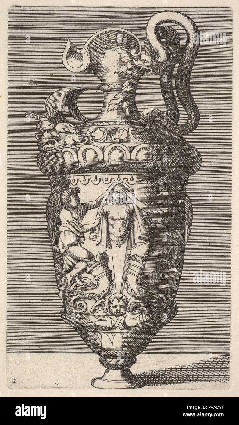 Vase avec deux figures ailées drapage un terme. Artiste et l'éditeur : A l'origine par René Boyvin (Français, Angers ca. 1525-1598 1625/6 ou Angers). Designer : Polidoro da Caravaggio (Italien, Caravage ca. 1499-ca. 1543 Messine) ; italien Rosso Fiorentino (Florence, 1494-1540) de Fontainebleau. Fiche Technique : Dimensions : 10 x 9/16 7 5/16 in. (26,9 x 18,5 cm) Plaque : 7 1/2 x 4 3/8 in. (19 x 11,1 cm). Editeur : précédemment par Claes Jansz. Visscher (Néerlandais, Amsterdam Amsterdam 1586-1652) ; Frederick de Wit (Néerlandais, 1629/30-1706) ?. Date : le 17e siècle. L'inscription d'un vase ou de buire. Le vase est caractérisé par un doubl Banque D'Images