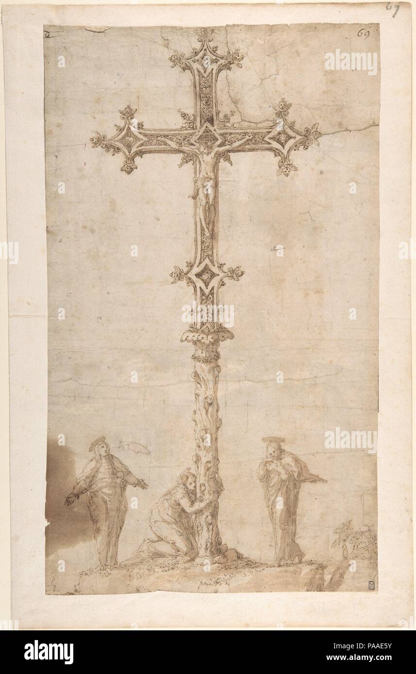 Conception d'un Christ en croix avec la Vierge Marie, Sainte Marie Madeleine et Saint John. Artiste : Polidoro da Caravaggio (Italien, Caravage ca. 1499-ca. 1543 Messine). Dimensions : 15 7/8 x 9 5/16 in. (40,3 x 23,6 cm). Date : n.d.. Comme les études d'un retable exposé à proximité, ce dessin date de la dernière phase de la carrière de Polidoro, lorsqu'il est actif en Sicile. L'hantise l'inscription de la Crucifixion montre Christ isolé sur une croix reliquaire-comme le feu du tronc d'un arbre-une allusion à l'arbre de la connaissance dans le jardin d'Eden qui portait le fruit défendu consommé b Banque D'Images