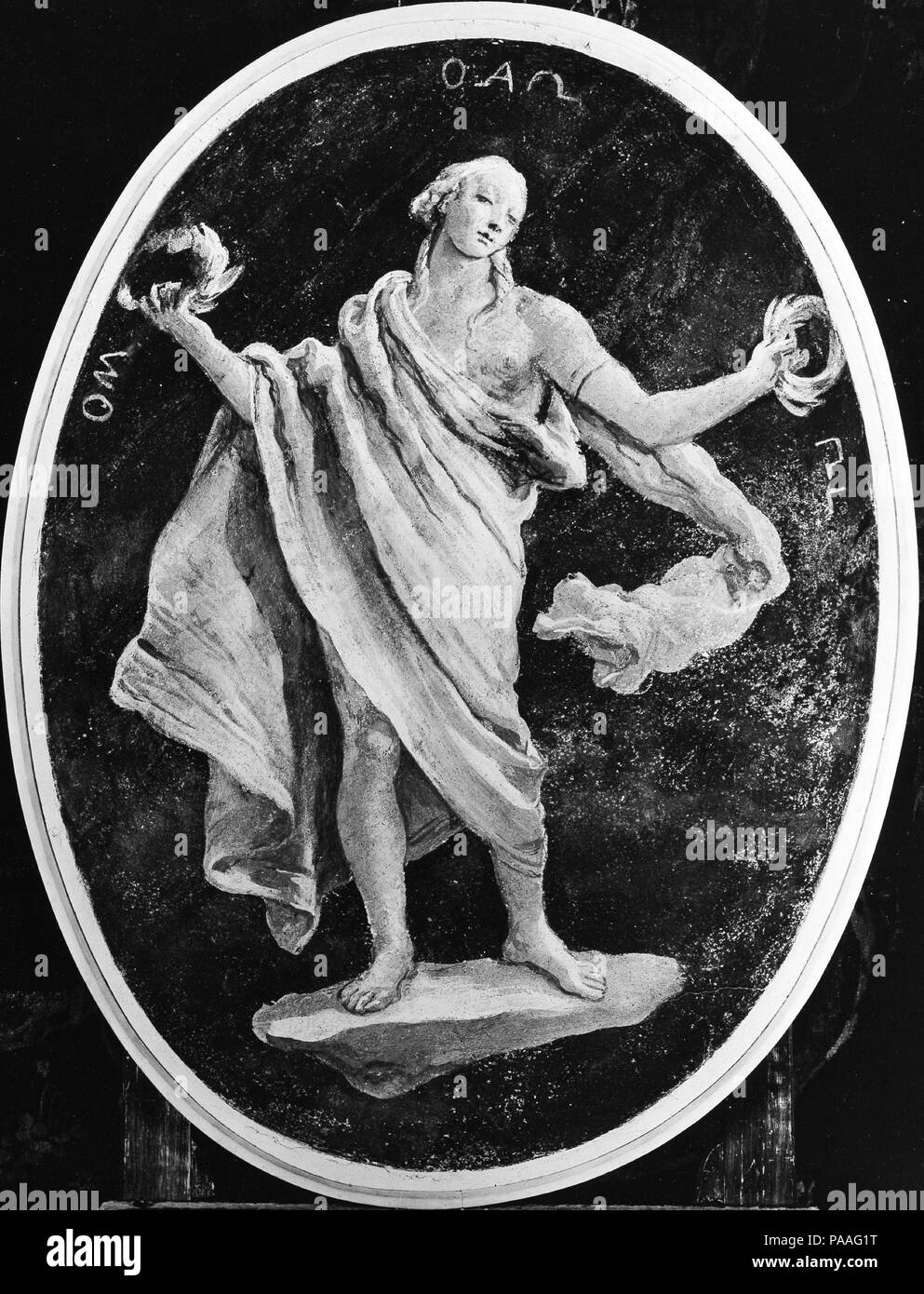 Une vertu, peut-être le patriotisme. Artiste : Atelier de Giovanni Battista Tiepolo (Venise, Italie Madrid 1696-1770). Dimensions : Ovale, 49 x 36 3/8 à 1/4. (125,4 x 92,1 cm). Date : 1760. Cette fresque est d'une série de quatre ovales qui ont été conçus par Tiepolo et peint par son atelier pour la décoration des coins du plafond d'une chambre à l'Hôtel Palazzo Valle-Marchesini-Sala à Vicenza. La figure allégorique d'une vertu a été identifié comme représentant le patriotisme. Musée : Metropolitan Museum of Art, New York, USA. Banque D'Images