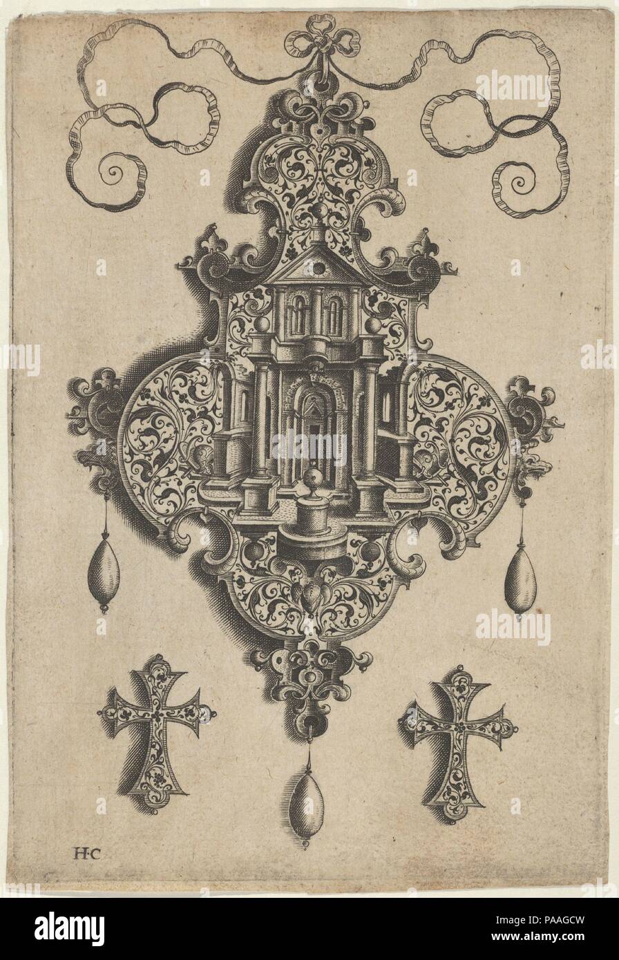 La conception de la poignée avec un temple et Cross-Shaped vase au-dessus des ornements. Artiste : Jan Collaert I (Anvers, Russisch ca. 1530-1581 Anvers). Fiche Technique : Dimensions : 5 7/8 x 4 1/16 in. (14,9 × 10,3 cm). Editeur : publié par Hans Liefrinck (Augsbourg ( ?) 1518 ?-1573 Anvers). Series/portefeuille : Poignée de conceptions avec des éléments architecturaux et Vegetal-Arabesques. Date : avant 1573. Panneau vertical avec pendentif design au centre avec la façade d'un temple avec un vase sur un piédestal, avec un motif arabesque-végétal. Le pendentif est suspendu à un ruban et a trois perles en descendant au-dessous. En bas à gauche et r Banque D'Images