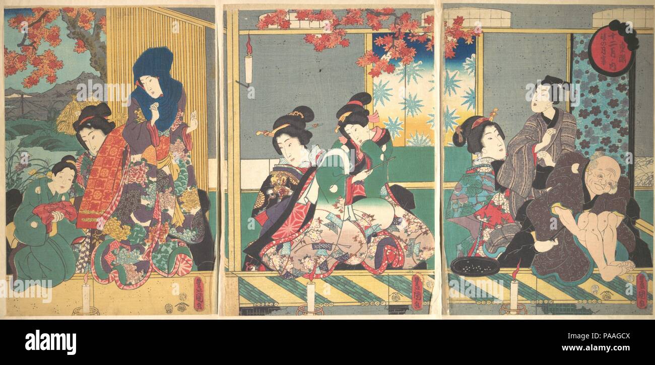 Banquet de la Prochaine pleine lune au Festival de chrysanthèmes, de la série des douze mois (Choyo aucun nochi tsuki no en, Juni tsuki no uchi). Artiste : Utagawa Kunisada (1786-1865), Japonais. Culture : le Japon. Dimensions : hors tout : 14 5/8 x 30 1/8 in. (37.1 x 76.5cm). Date : 1854. Musée : Metropolitan Museum of Art, New York, USA. Banque D'Images