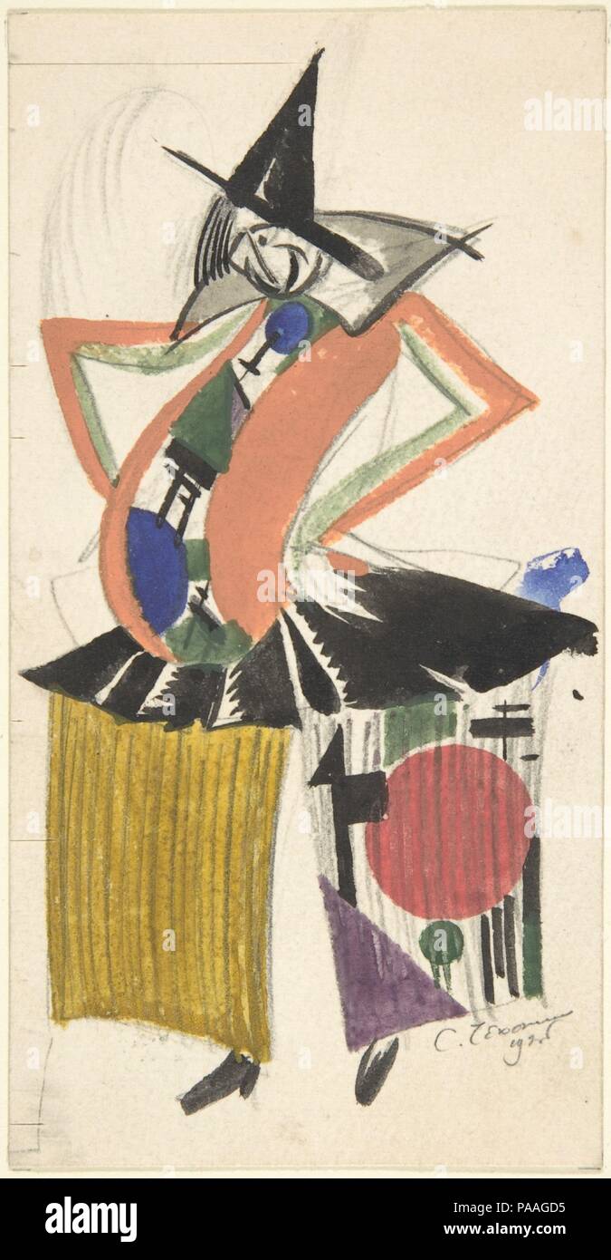 En Clown costume cubiste. Artiste : Sergey Chekhonin (russe, 1878-1936). Fiche technique : Dimensions : 5 x 3 13/16 in. (14,7 x 7,6 cm). Date : 1926. Design for theatrical costume clown, créé par Sergey Chekhonin à Moscou, 1926. Le clown s'affiche en vue de trois-quarts, portant un costume avec motifs cubistes, qui se compose d'une veste orange avec de grandes, collier gris, porté par-dessus une chemise blanche avec du bleu, vert et noir, motifs géométriques et large pantalon, composé d'une jupe noire, courte et large, avec des jambes, une couleur avec jaune et l'autre avec des motifs géométriques colorés de vert, noir, et Banque D'Images