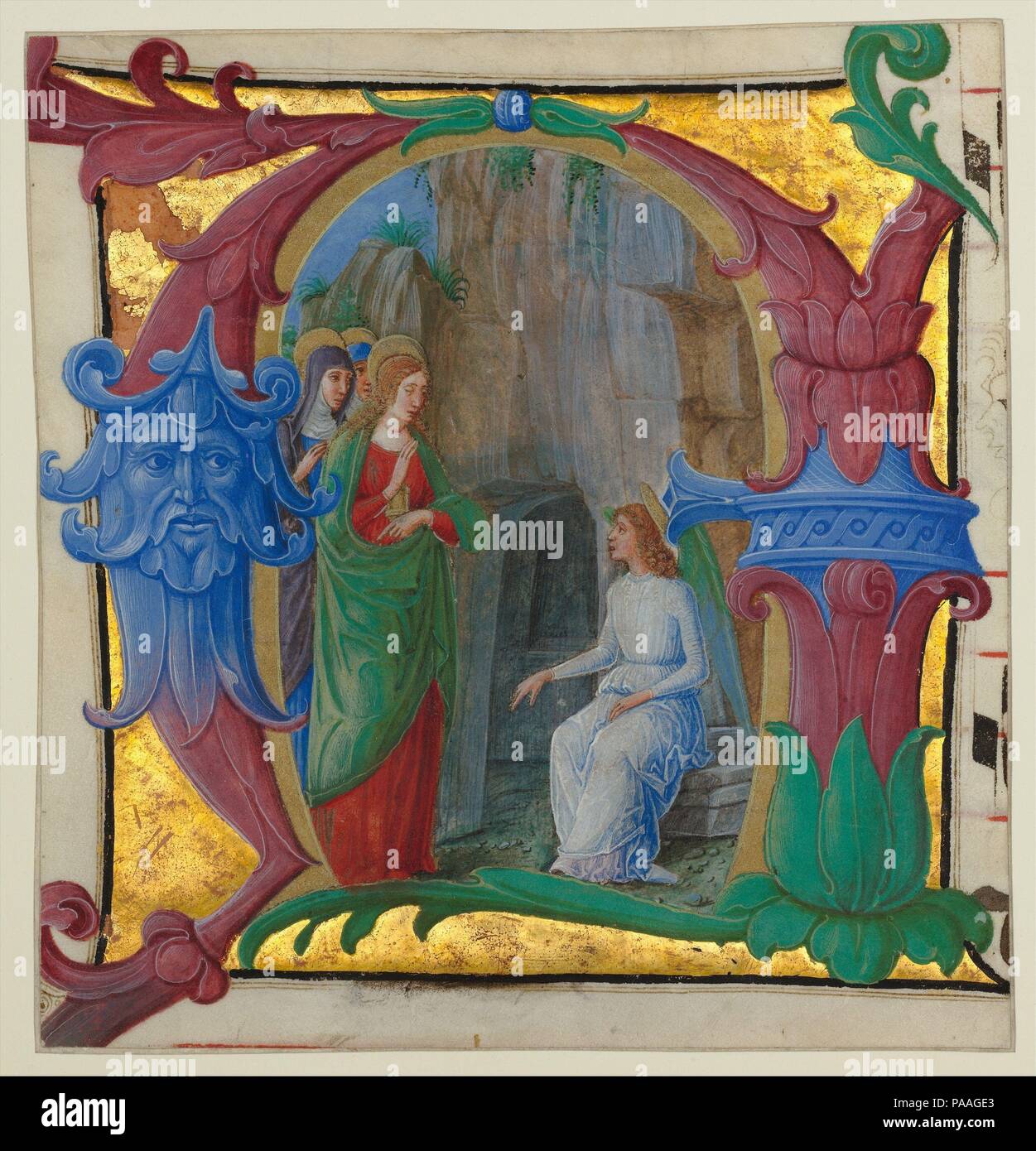 Avec l'Illumination manuscrit saintes femmes au tombeau dans une première A, à partir d'un Antiphonary. Artiste : Girolamo dai Libri (Italien, Vérone Vérone 1474-1555). Culture : l'italien. Dimensions : hors tout : 8 15/16 x 6 1/4 in. (22,7 x 15,9 cm) Eclairage : 5 15/16 x 5 9/16 in. (15,1 x 14,2 cm) mat Taille : 19 1/4 x 14 1/4 in. (48,9 x 36,2 cm). Date : ca. 1490-1500. Musée : Metropolitan Museum of Art, New York, USA. Banque D'Images