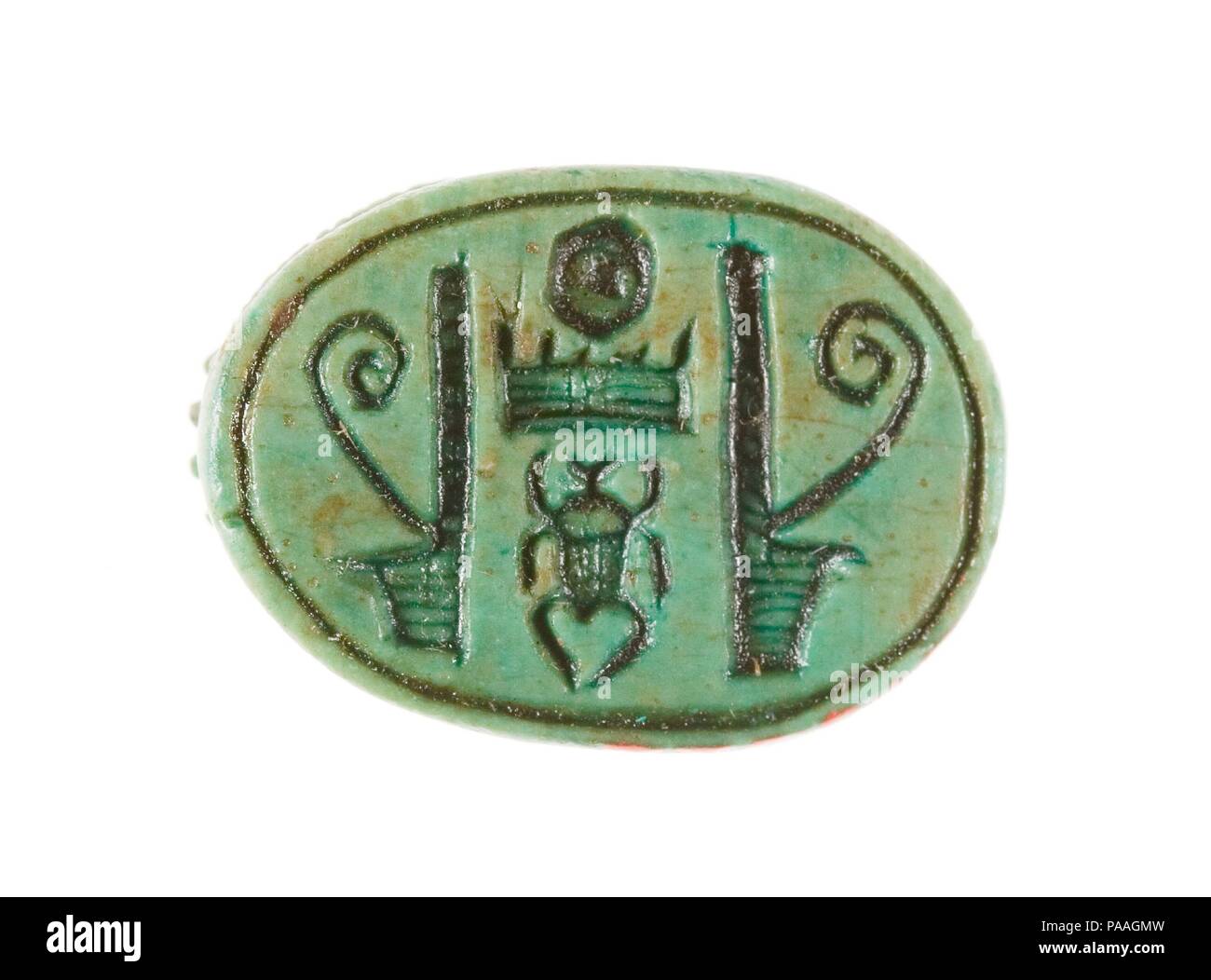 Scarab est inscrit le nom du trône de Thoutmosis III. Dimensions : 1,7 cm L. (11/16) ; w. 1,3 cm (1/2 po) ; h. 0,7 cm (1/4 po). Dynastie DYNASTIE : 18, tôt. Règne : règne d'Hatchepsout et de Thoutmosis III. Date : ca. 1479-1458 av. J.-C.. Musée : Metropolitan Museum of Art, New York, USA. Banque D'Images