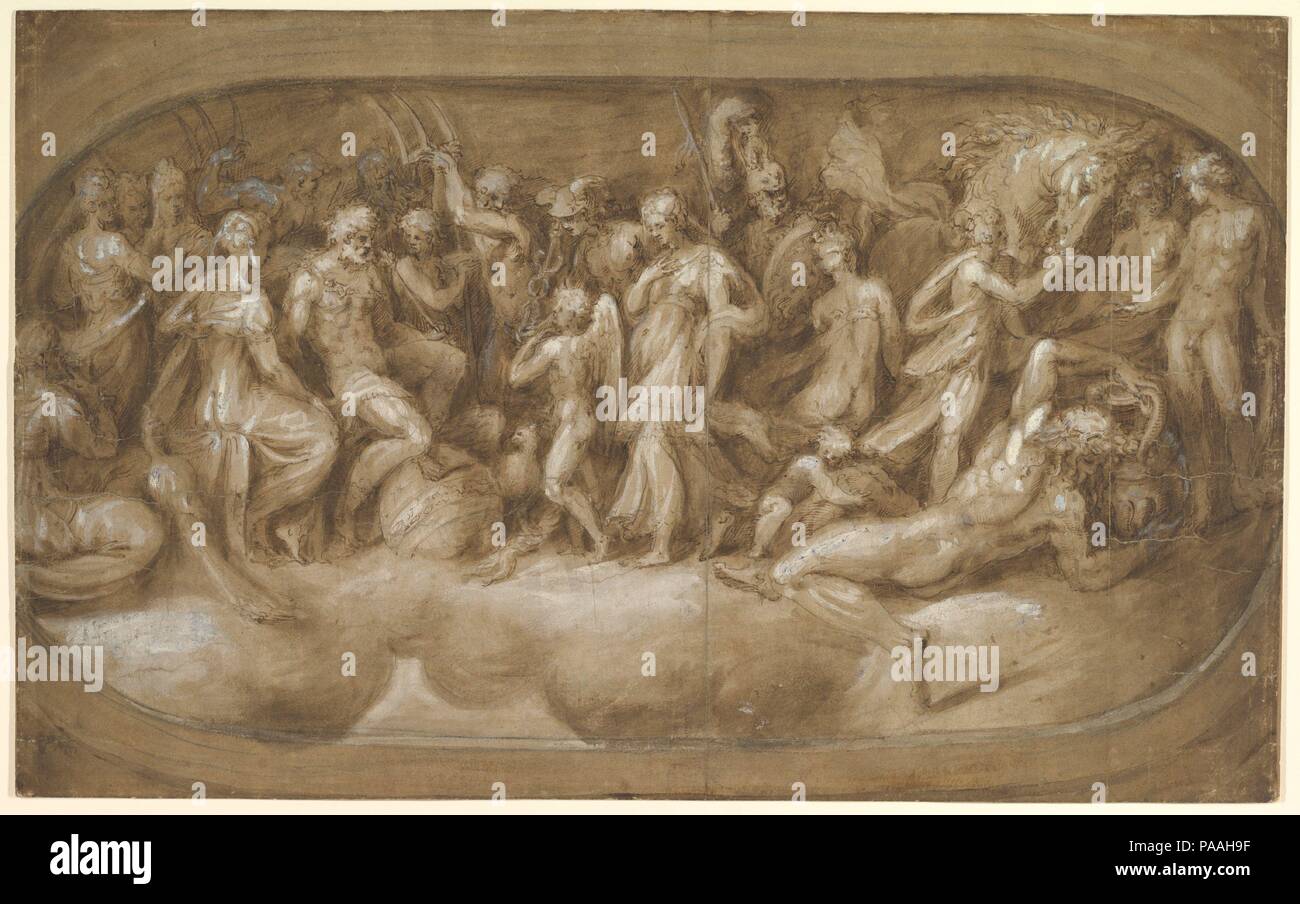 Psyché Cupidon présentant aux dieux. Artiste : Andrea Schiavone (Andrea Meldola (Italien), Zadar (Zara) ca. 1510 ?-1563) de Venise. Dimensions : 14-3/4 x 23-3/4 in. (37,4 x 60,3 cm). Date : ca. 1540-45. Des changements subtils dans le ton- de pâle à foncé lavage à encre gouache blanche- suggère l'étincelle de lumière à travers un bas-relief ou la sculpture, compte tenu de la forme ovale, peut-être une camée. En fait, le dessin se rapporte à un panneau de plafond dans une pièce illustrant l'histoire de Psyché, la belle mortal adorée par le dieu de l'amour. Ici, Cupid (montré comme un garçon ailé) présente son bien-aimé à la divinité suprême, Jupiter, pendant Banque D'Images