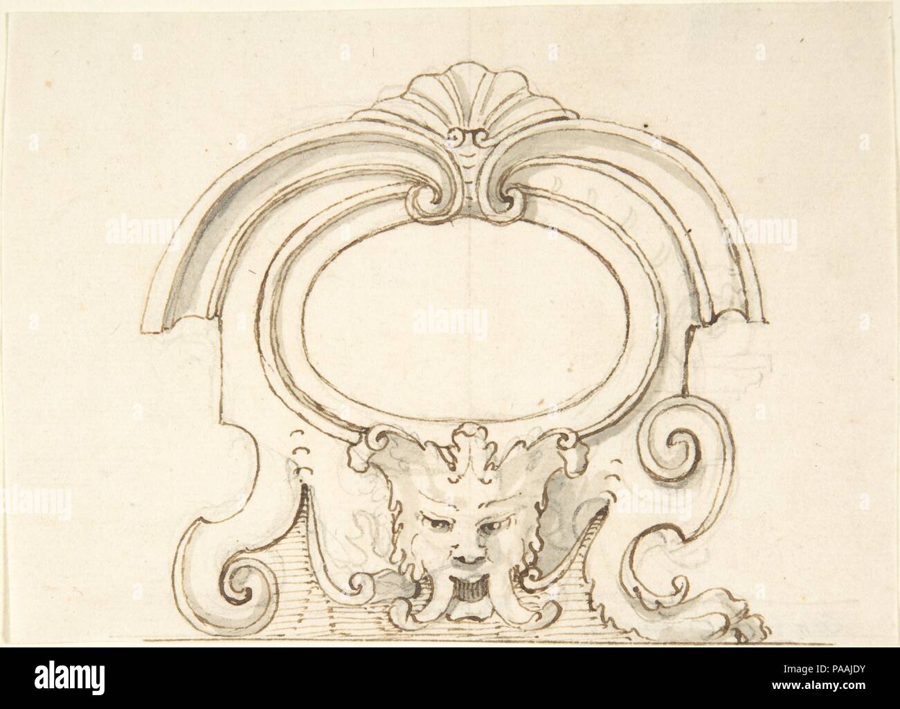 Cartouche avec un masque. Artiste : Anonyme, italien, vénitien, 18ème siècle. Dimensions : 3-13/16 x 5-3/8 in. (9,7 x 13,6 cm). Date : le 18e siècle. Musée : Metropolitan Museum of Art, New York, USA. Banque D'Images