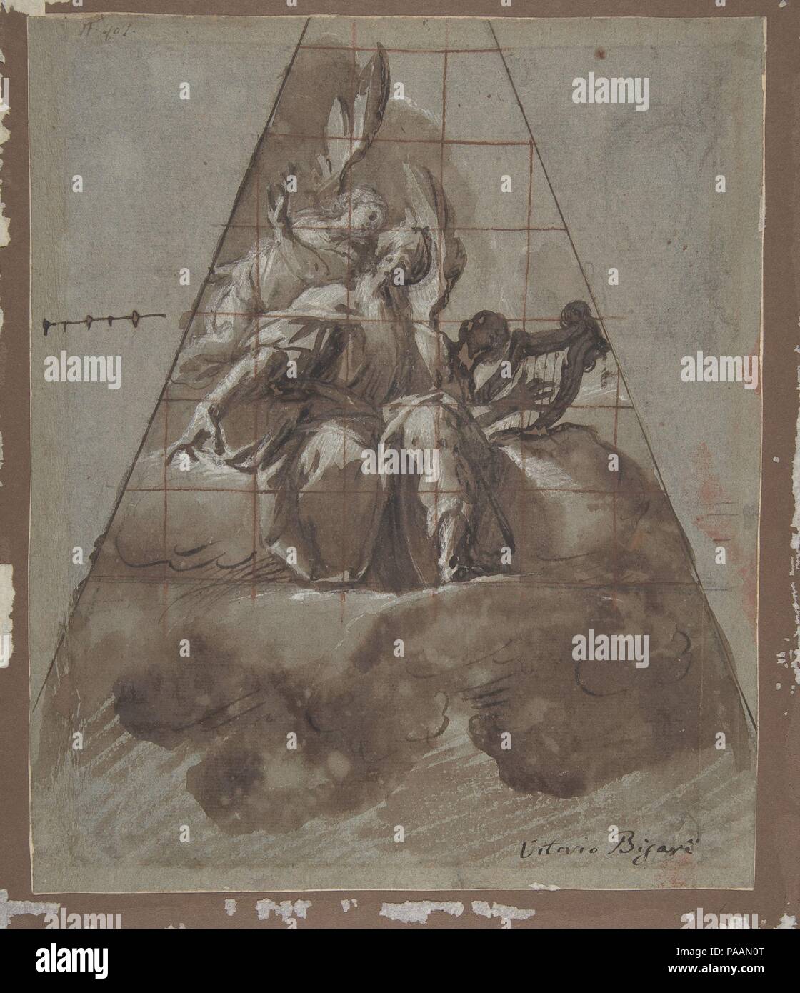 Le roi David avec des anges. Artiste : Morazzone (Pier Francesco Mazzucchelli) (Italien, Morazzone 1573- ?1626 Piacenza). Dimensions : 10 x 8 7/16 11/16 in. (26,5 x 22,1 cm). Date : ca. 1625-26. Le personnage assis monumental de David qui pointe vers le bas qu'il aura reçu l'inspiration d'un ange en haut à gauche domine cette scène ; dans l'arrière-plan droit, la figure d'un jeune ange peut être discerné jouant de la harpe. Cette démonstration relativement terminé, squared dimensions ('mako') était une fresque pour préparatoire sur l'un des verre soutenant le dôme de la cathédrale de Piacenza, peint par Morazzone dans Banque D'Images