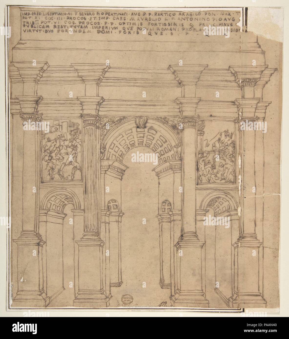 Arc de Septime Sévère, à Rome. Artiste : attribué à Bartolomeo Neroni (Il Riccio (Italien), Sienne Sienne 1505/15-1571). Dimensions : 11 1/16 x 10 1/8in. (28,1 x 25,7cm). Date : 1505-71. Musée : Metropolitan Museum of Art, New York, USA. Banque D'Images