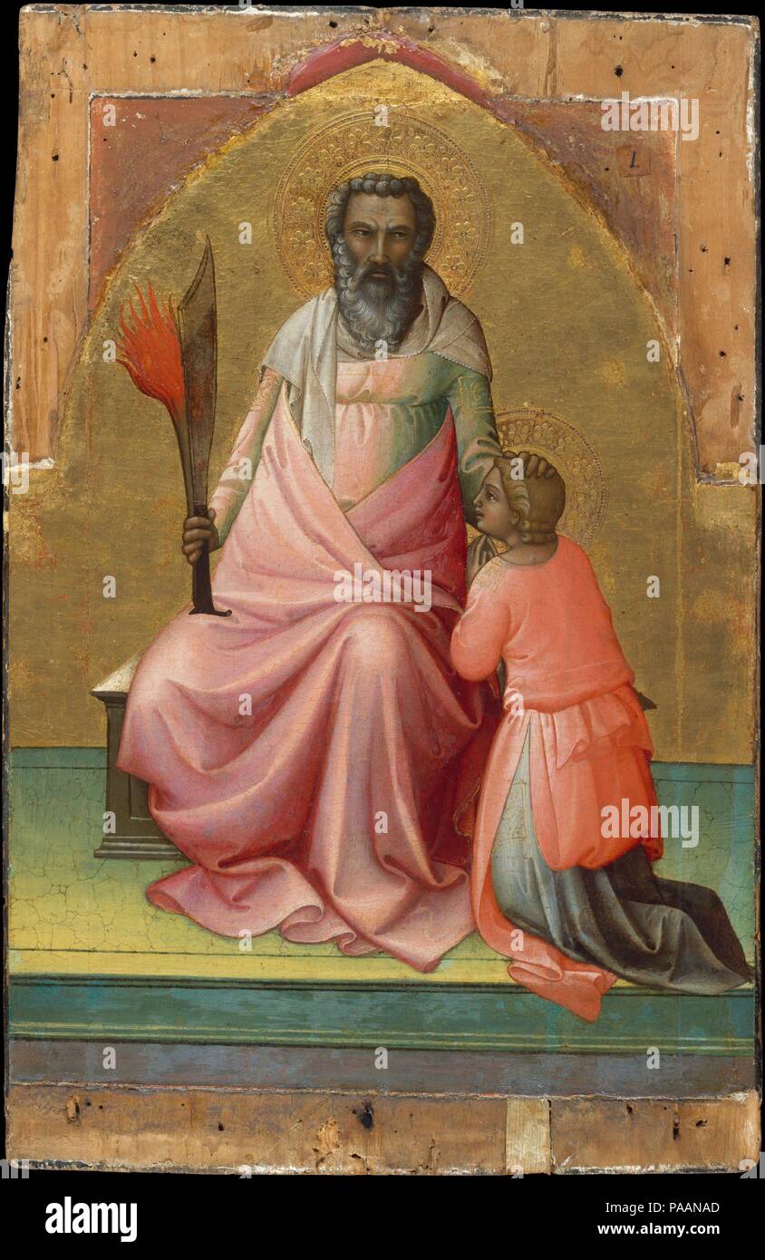 Abraham. Artiste : Lorenzo Monaco (Piero di Giovanni) (Italien, Florence ( ?) ca. 1370-1425 Florence ( ?)). Dimensions : Hors tout 26 x 16 7/8 in. (66 x 42,9 cm) ; surface peinte 22 7/8 x 16 5/8 in. (58,1 x 42,2 cm). Date : ca. 1408-10. Ces quatre prophètes de l'Ancien Testament sont parmi les chefs-d'œuvre de ce premier peintre florentin de style gothique tardif. Chaque figure est titulaire d'un identifiant de l'attribut et frappe une posture rhétorique. Moïse tient les tables des dix commandements ; Abraham, le sacrifice d'Isaac préfigure celui du Christ ; David, tenant une soit, est considéré comme un ancêtre direct du Christ ; et l'arche de Noé Banque D'Images