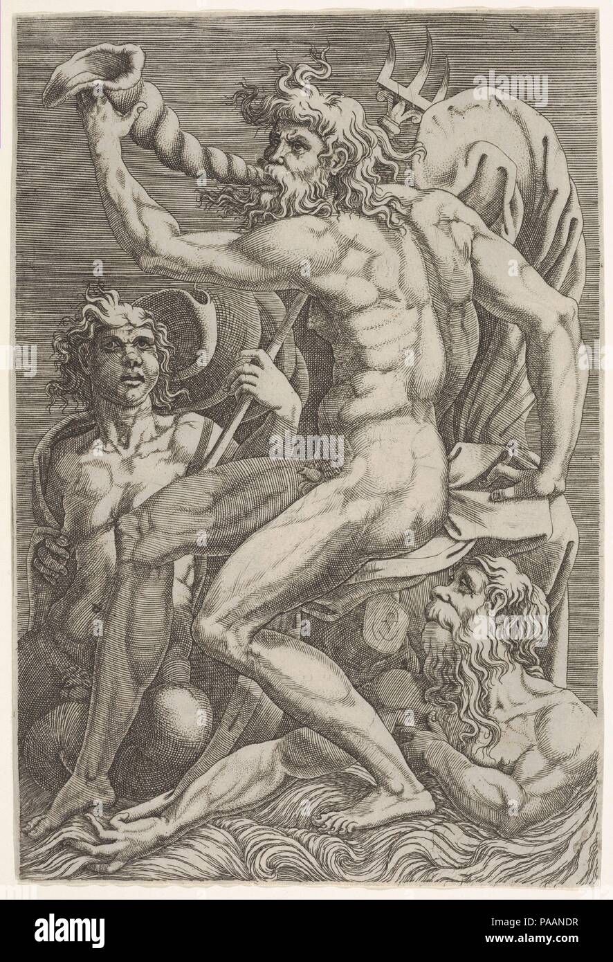 Neptune assis tenant une conque à sa bouche, accompagné d'un assis triton et un autre sortant de l'eau en bas à droite. Artiste : après Perino del Vaga (Pietro Buonaccorsi (Italien), Florence Rome 1501-1547) ; attribuée à Giorgio Ghisi (Italien, Mantoue ca. Mantoue 1520-1582). Fiche technique : Dimensions : 9 1/8 x 6 1/8 in. (23,2 x 15,6 cm). Musée : Metropolitan Museum of Art, New York, USA. Banque D'Images