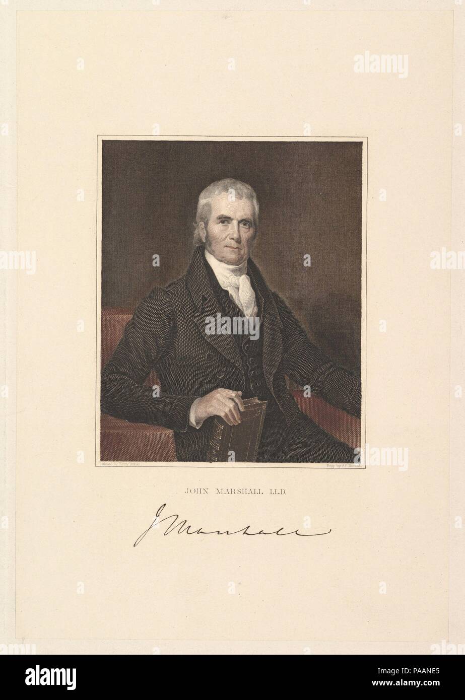 Le juge en chef John Marshall. Artiste : Asher Brown Durand (Américain, Jefferson, New Jersey 1796-1886 Maplewood, New Jersey) ; Après Henry Inman (Américain, Utica, New York New York 1801-1846). Dimensions : plaque : 9 9/16 x 6 5/16 in. (23,7 x 16,7 cm) : feuille 15 x 11 5/8 po 3/4 po. (39,7 x 29,8 cm). Sitter : John Marshall (Américain, 1755-1835). Date : 1833. Portrait de ce le quatrième juge en chef des États-Unis est l'un des dix-neuf imprime Durand gravée pour le hareng et le Longacre 'National Portrait Gallery d'éminents américains," publié en 1835. Musée : Metropolitan Museum of Art, New York, Banque D'Images