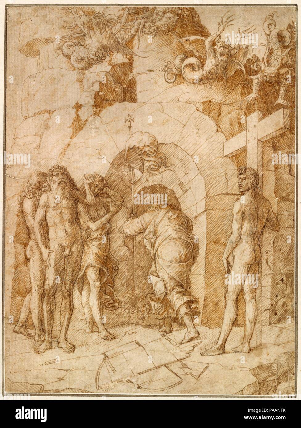 La descente dans les limbes. Artiste : Cercle d'Andrea Mantegna (Italien, Isola di Carturo 1430/31-1506 Mantoue). Dimensions : 10 9/16 x 7 7/8 in. (26,9 x 20 cm). Date : milieu du xve siècle. Dans cette composition, le Christ est représenté par l'arrière alors qu'il entame sa descente dans les limbes, la zone avant l'entrée de l'enfer, où il s'est rendu après sa mort et avant sa résurrection. L'histoire n'est pas trouvée dans le Nouveau Testament, mais faisait partie des premiers enseignements de l'Église et au 15ème siècle était une foi chrétienne. Ces travaux sont étroitement liés à un groupe de dessins, gravures, Banque D'Images
