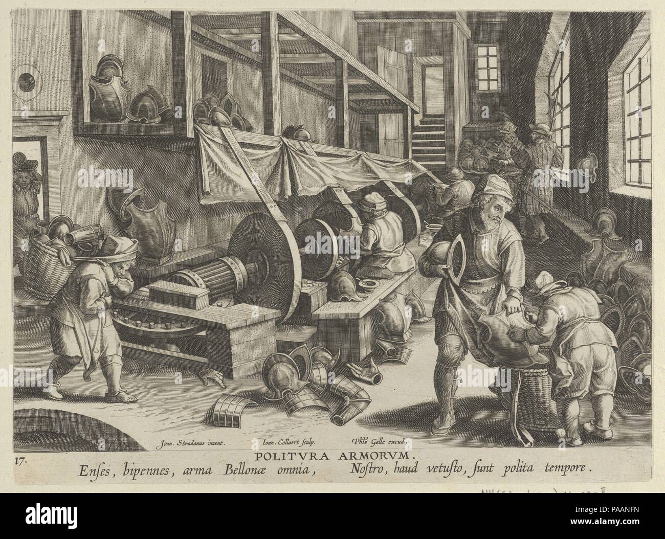 De nouvelles inventions des temps modernes [Nova Reperta], l'invention de l'armure de plaque de polissage, 17. Artiste : Jan Collaert I (Anvers, Russisch ca. Anvers 1530-1581) ; Après Jan van der Straet, appelé Stradanus (Bruges, Russisch 1523-1605 Florence). Fiche technique : Dimensions : 10 5/8 x 7 7/8 in. (27 x 20 cm). Editeur : Philips (Galle, Russisch Haarlem 1537-1612 Anvers). Date : ca. 1600. Dix-septième de la plaque d'impression d'une série intitulée Nova Reperta (nouvelles inventions des temps modernes) composé d'une page de titre et 19 planches, gravée par Jan Collaert JE, après Jan van der Straet, appelé Stradanus, Banque D'Images