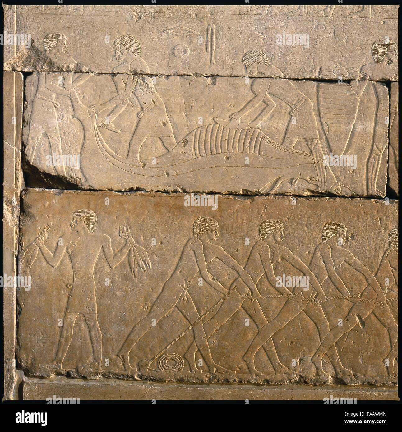 Tombeau Chapelle de Raemkai : mur ouest. Dynastie DYNASTIE : 5. Date : ca. 2446-2389 av. J.-C.. Le mur ouest de l'ancienne mythologie égyptienne l'ouest était le royaume des morts. Par conséquent, dans tout l'ancien royaume de tombeaux, des murs de l'ouest intègrent une porte symbolique (appelé un porte à faux de égyptologues) en tant que point focal pour les prières et les offrandes. Avec le porte à faux (08,201.1e), murs de l'Ouest présentent habituellement des scènes qui sont étroitement liés à l'offre de rituels. Sur ce mur ouest, à droite de la grande porte à faux, des rangées de bord mettre les tables sur lesquelles les offres sont entassées. Dans la partie préservée regis Banque D'Images