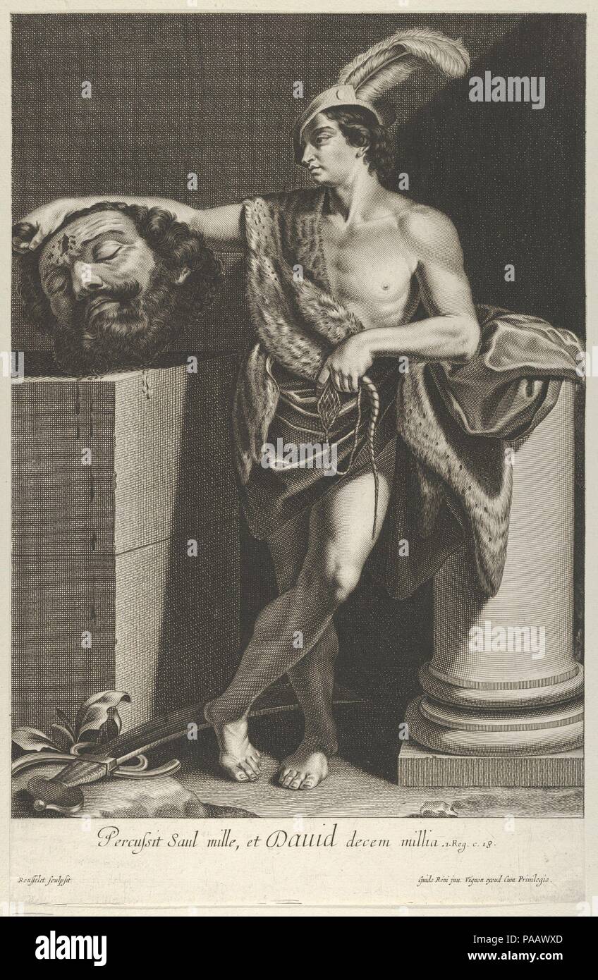 David debout avec les jambes croisées et tenant la tête de Goliath sur un piédestal à gauche, une épée sur le sol, après Reni. Artiste : Après l'italien Guido Reni (1575-1642), Bologne Bologne ; gravé par Gilles Rousselet (français, Paris 1614-1686 Paris). Fiche Technique Dimensions : (découpés) : 11 1/8 × 7 1/16 in. (28,2 × 18 cm). Editeur : Claude Vignon (Français, Tours 1593-1670 Paris). Date : ca. 1635-45. D'après une peinture par Reni. Verso non visible que l'impression est mis sur une autre feuille de papier. Musée : Metropolitan Museum of Art, New York, USA. Banque D'Images