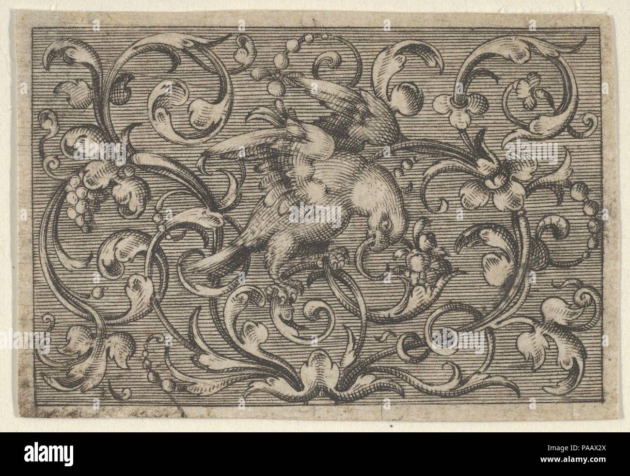 Panneau horizontal avec un oiseau, d'Aurifabris Varii Generis Necessaria Opera. Artiste : Paul Birckenhultz (1561-1639). Fiche Technique : Dimensions : 1 3/8 x 2 in. (3,5 × 5,1 cm). Date : ca. 1600. Frise ornementale avec une flexion d'oiseaux à droite de la ville, entouré par foliée morte. L'oiseau tient l'extrémité de l'un des vrilles dans son bec crochu. À partir d'une série de six plaques avec l'horizontale. éclos Selon Berliner, les origines des plaques dans cette série ont été encore assombries à une date ultérieure. Musée : Metropolitan Museum of Art, New York, USA. Banque D'Images