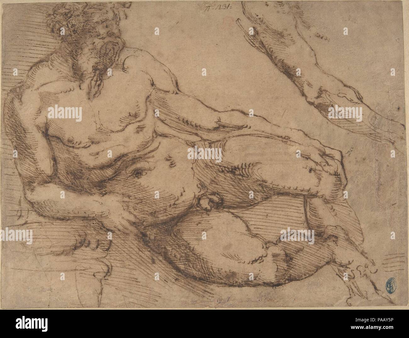 Une rivière Dieu (recto) ; de Sketches pour le vestibule de l'Laurenziana, Florence (verso). Artiste : Bartolomeo Ammanati (Ammannati), Italien (Settignano près de Florence Florence 1511-1592). Dimensions : 7-1/4 x 9-1/2 in. (18,4 x 24,1 cm). Date : 1511-92. Musée : Metropolitan Museum of Art, New York, USA. Banque D'Images