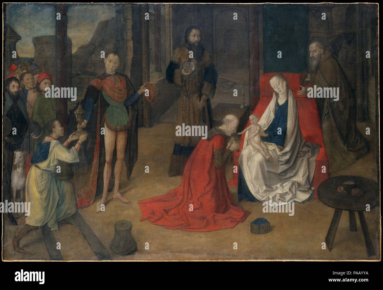 L'Adoration des Mages. Artiste : Justus de Gand (Joos van Wassenhove) (active, Russisch par 1460-mort ca. 1480). Dimensions : 43 x 63 in. (109,2 x 160 cm). Date : ca. 1465. Ce  <i >Adoration </i > (ou l'épiphanie) est l'une des deux œuvres épargnées Justus de Gand a peint avant d'aller à l'Italie en 1469 pour travailler pour Federico da Montefeltro, duc d'Urbino. Sa composition peut une dette de pièces contemporaines. Peut-être commandé pour un couvent près de Burgos, Espagne, le tableau est peint sur toile et pourrait ainsi être roulé pour en faciliter le transport. La tonalité tamisée et surface mate sont dues à la g Banque D'Images