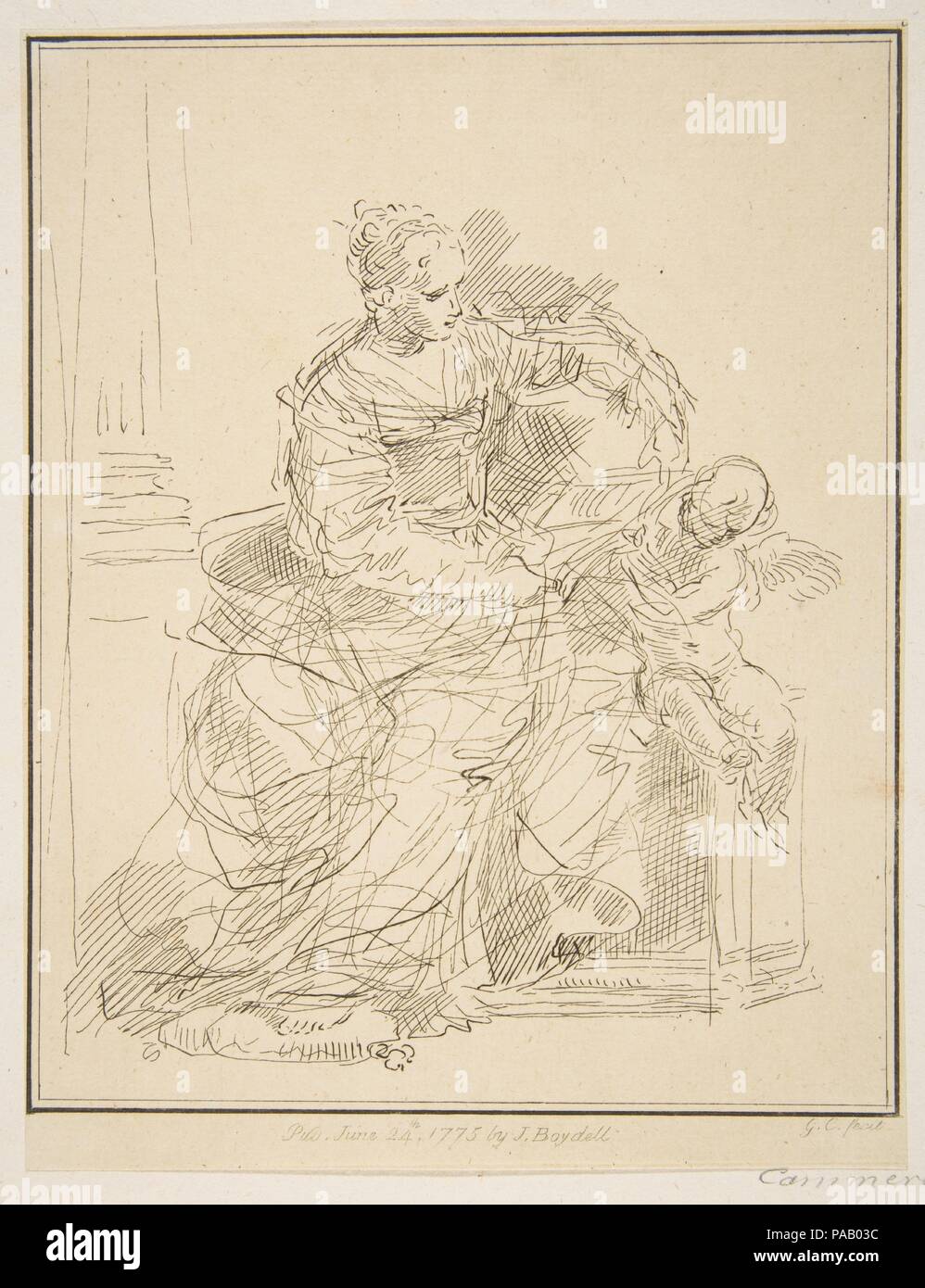 Femme assise avec un putto. Artiste : Simone Cantarini après (italien, 1612-1648). Fiche technique : Dimensions : 8 1/2 x 6 9/16 in. (21,6 x 16,7 cm). Editeur : John Boydell (British, Shropshire 1720-1804 Londres). Date : 1775. Musée : Metropolitan Museum of Art, New York, USA. Banque D'Images