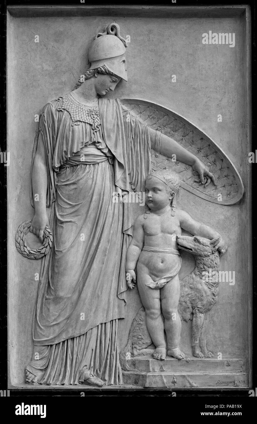 Protéger le jeune roi Minerva de Rome. Artiste : Joseph-Antoine Romagnési (français, Paris ca. 1782-1852 Paris). Culture : le français. Dimensions : 45 × 29 1/2 in. (115,6 × 73,7 cm). Date : 1811. C'est le plâtre original pour un clapet destiné à célébrer la naissance du fils de Napoléon Ier, Napoléon II, ou François-Charles-Joseph, en 1811, qui a été doté par son père avec le titre de roi de Rome dans la confirmation symbolique de la dynastie impériale. L'œuvre a été exposée au Salon de 1812. Aspects formels ont été peut-être inspiré par les reliefs de Romain Palazzo Spada, Rome. Un plus petit relief en plâtre Banque D'Images
