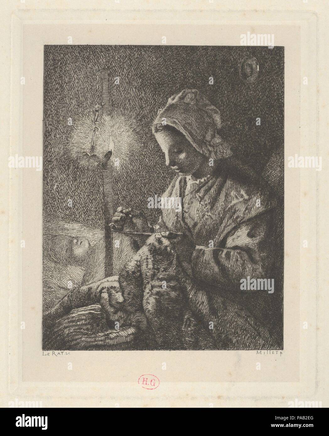 La couture à la lueur. Artiste : Après Jean-François Millet (Gruchy, français 1814-1875) Barbizon ; gravé par Paul-Edme Le Rat (français, Paris 1849-1892 Paris). Fiche Technique : Dimensions : 11/16 5 × 4 7/16 in. (14,4 × 11,2 cm) Mont : 16 3/16 po. × 12 7/16 po. (41,1 × 31,6 cm). Date : du 19e siècle. Musée : Metropolitan Museum of Art, New York, USA. Banque D'Images