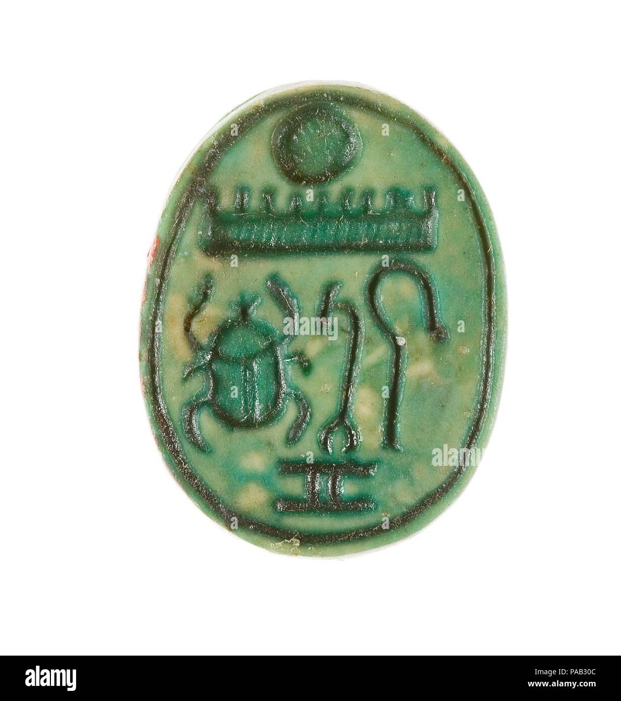 Scarab est inscrit le nom du trône de Thoutmosis III. Dimensions : L. 1.6 cm (5/8 po) ; w. 1,2 cm (1/2 po) ; h. 0,7 cm (1/4 po). Dynastie DYNASTIE : 18, tôt. Règne : règne d'Hatchepsout et de Thoutmosis III. Date : ca. 1479-1458 av. J.-C.. Musée : Metropolitan Museum of Art, New York, USA. Banque D'Images
