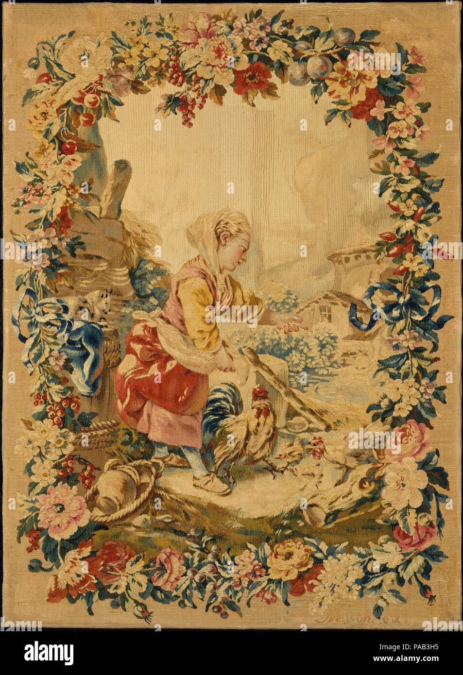 Alimentation fille Poulet à partir de la série connue sous le nom de l'Enfants de Boucher. Artiste : D'après une peinture de François Boucher (Français, Paris 1703-1770 Paris). Culture : français, Paris. Dimensions : hors tout (confirmé) : 28 3/4 x 21 1/4 in. (73 × 54 cm). Bouilloire : atelier de Jacques Neilson (Français, 1714-1788). Fabrication : Manufacture Nationale des Gobelins (français, créé 1662). Date : ca. 1770-1780. Musée : Metropolitan Museum of Art, New York, USA. Banque D'Images