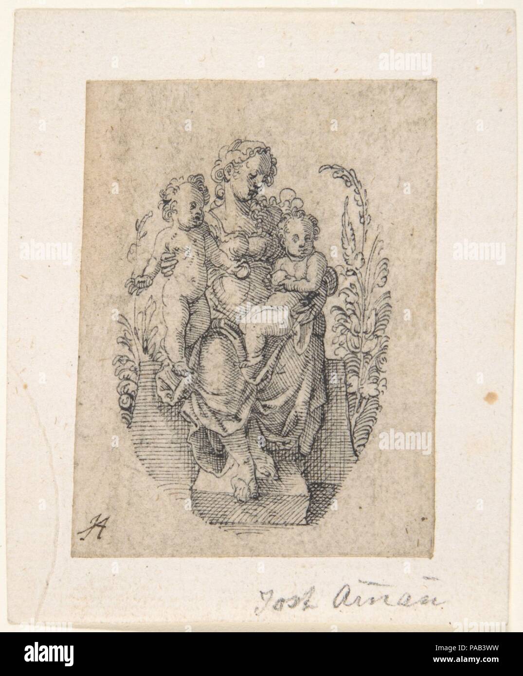 Une personnification de la Charité assis avec deux enfants. Artiste : Jost Amman (Suisse, Zurich avant 1539-1591 Nuremberg). Fiche technique : Dimensions : 2 13/16 x 2 1/8 in. (7,1 x 5,4 cm). Date : 1539-91. Musée : Metropolitan Museum of Art, New York, USA. Banque D'Images