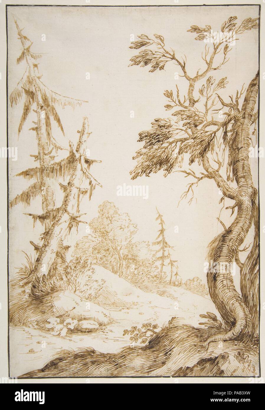 En échange d'un paysage boisé. Artiste : Marco Ricci (Italien, Belluno 1676-1730 Venise ( ?)). Dimensions : 11 1/2 x 7 13/16dans. (29,2 x 19,8 cm). Date : 1676-1730. Musée : Metropolitan Museum of Art, New York, USA. Banque D'Images