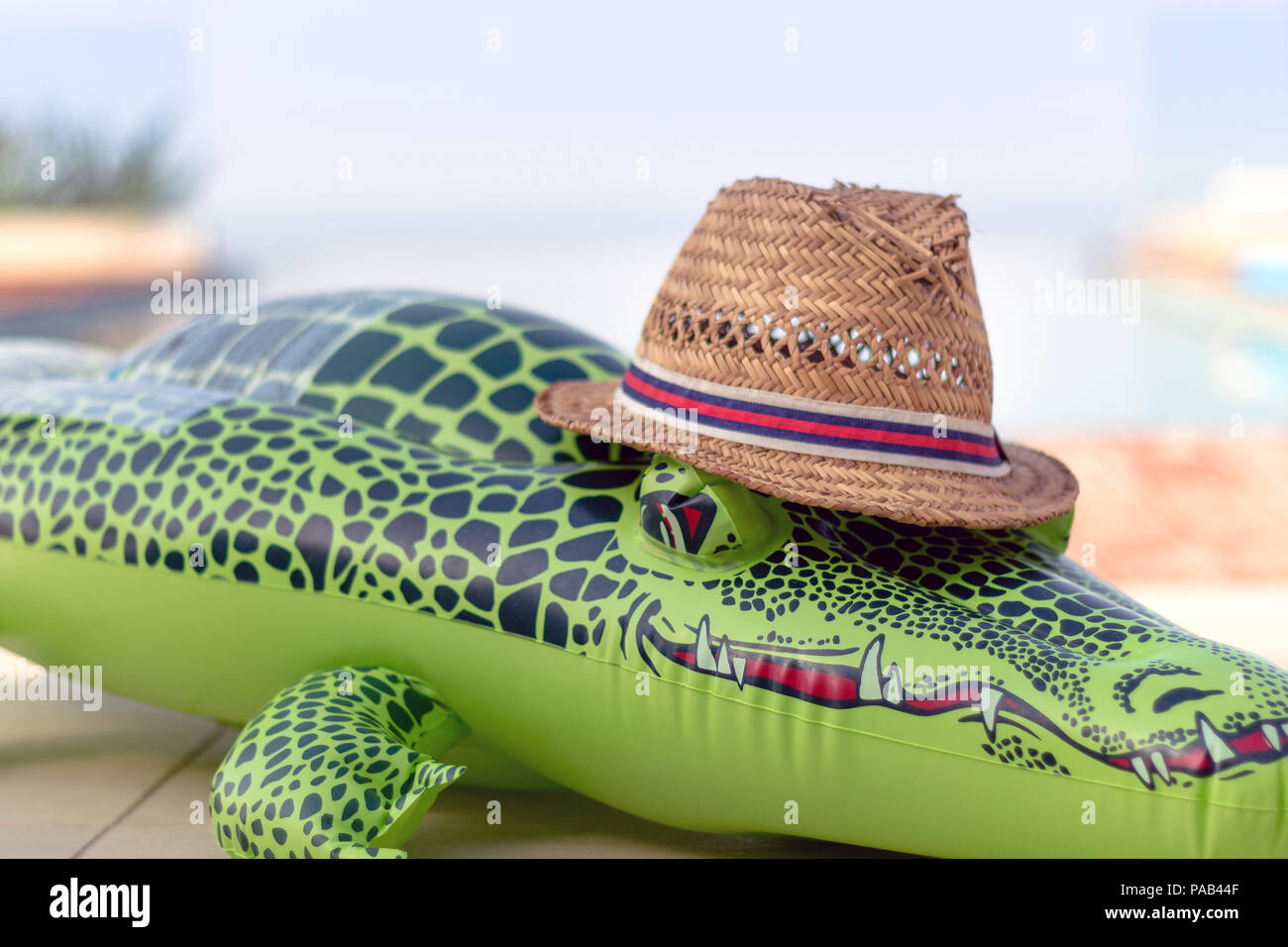 Crocodile gonflable avec chapeau de paille en face d'une piscine sur une  journée ensoleillée Photo Stock - Alamy