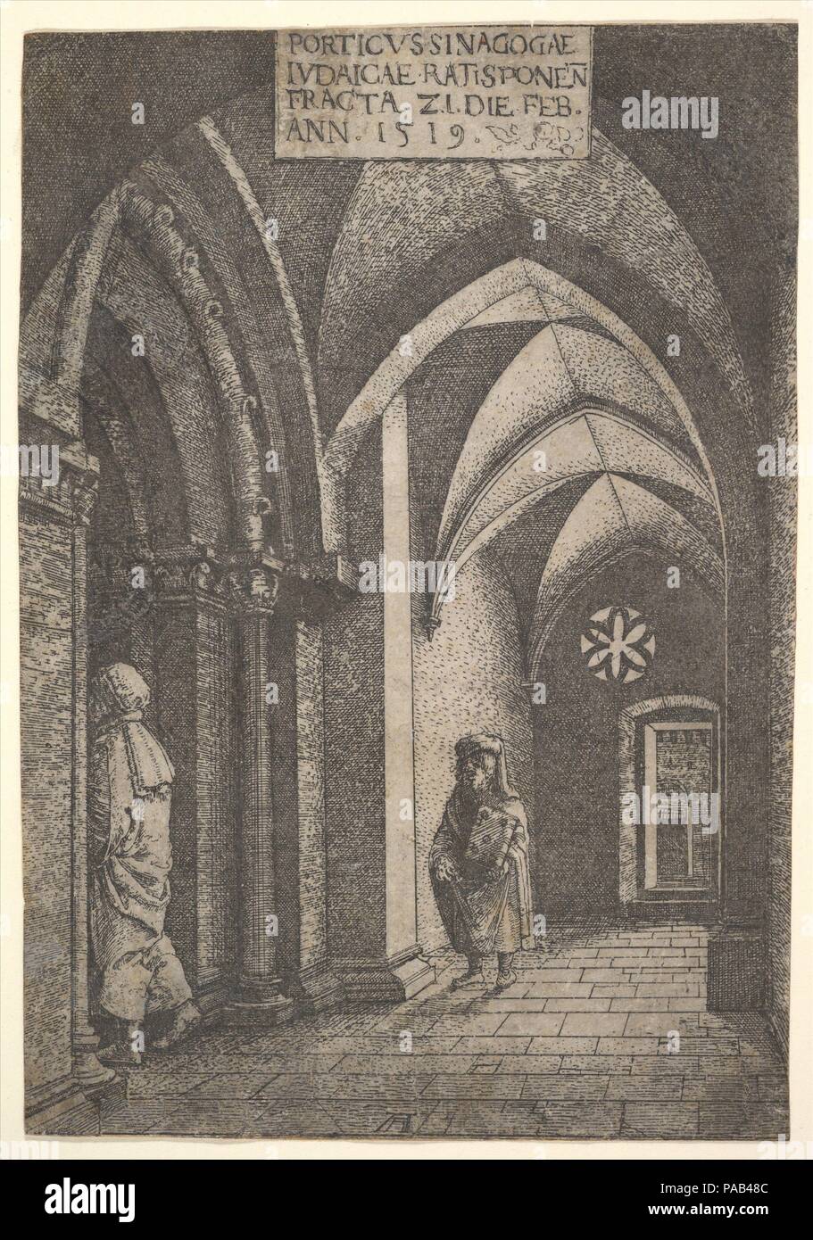 Le hall d'entrée de la Synagogue de Ratisbonne. Artiste : Albrecht, Regensburg, Allemagne (ca. 1480-1538 Ratisbonne). Fiche Technique : Dimensions : 6 1/4 x 4 3/8 in. (15,9 × 11,1 cm). Date : 1519. Dans le coupé la lumière d'une porte ouverte et une rosace), deux hommes juifs sont indiqués à l'entrée par porche de la synagogue de Ratisbonne. , A fait deux gravures du temple juste avant qu'il a été détruit le 22 février 1519 : ce point de vue et l'un de l'intérieur nef. L'Empereur Maximilien avait longtemps été un protecteur des Juifs dans les villes impériales, les extrayant de taxes substantielles en échange. Banque D'Images