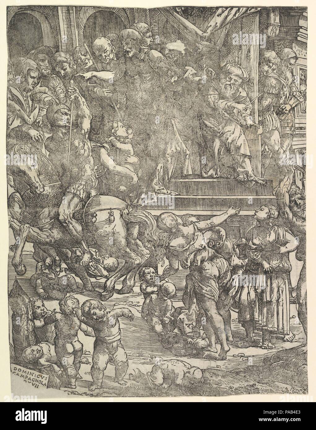 Le Massacre des Innocents (côté gauche), avec l'homme à cheval au centre à gauche, les femmes et les enfants au-dessous de, groupe de figures debout sur les étapes ci-dessus, Hérode assis sur trône en haut à droite. Artiste : Domenico Campagnola (Italien, Venise ( ?) 1500-1564 Padoue). Fiche Technique Dimensions : (découpés) : 20 × 15 11/16 13/16 in. (52,5 × 40,2 cm). Date : 1517. Image complète composée de deux blocs. Le côté gauche, c'est 60,523 ; côté droit est 25.75.77. Musée : Metropolitan Museum of Art, New York, USA. Banque D'Images