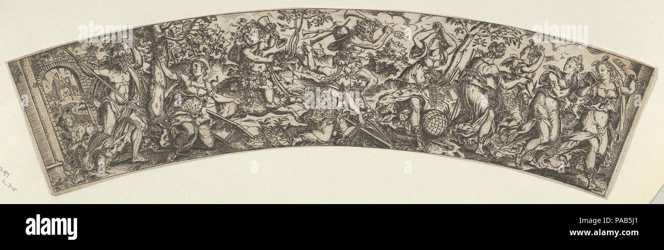 Les sept arts libéraux persécutés par Pluton et Bacchus. Artiste : après Jost Amman (Suisse, Zurich avant 1539-1591 Nuremberg). Fiche Technique : Dimensions : 2 1/2 × 11 11/16 in. (6,4 × 29,7 cm). Date : ca. 1554-91. Segment d'un cercle avec cinq des sept arts libéraux fuyant à droite, sont pourchassés par un satyre avec une cornemuse au centre. À gauche Bacchus monte un sanglier, et à l'extrême gauche un blind folded Pluton weilds son trident. Musée : Metropolitan Museum of Art, New York, USA. Banque D'Images