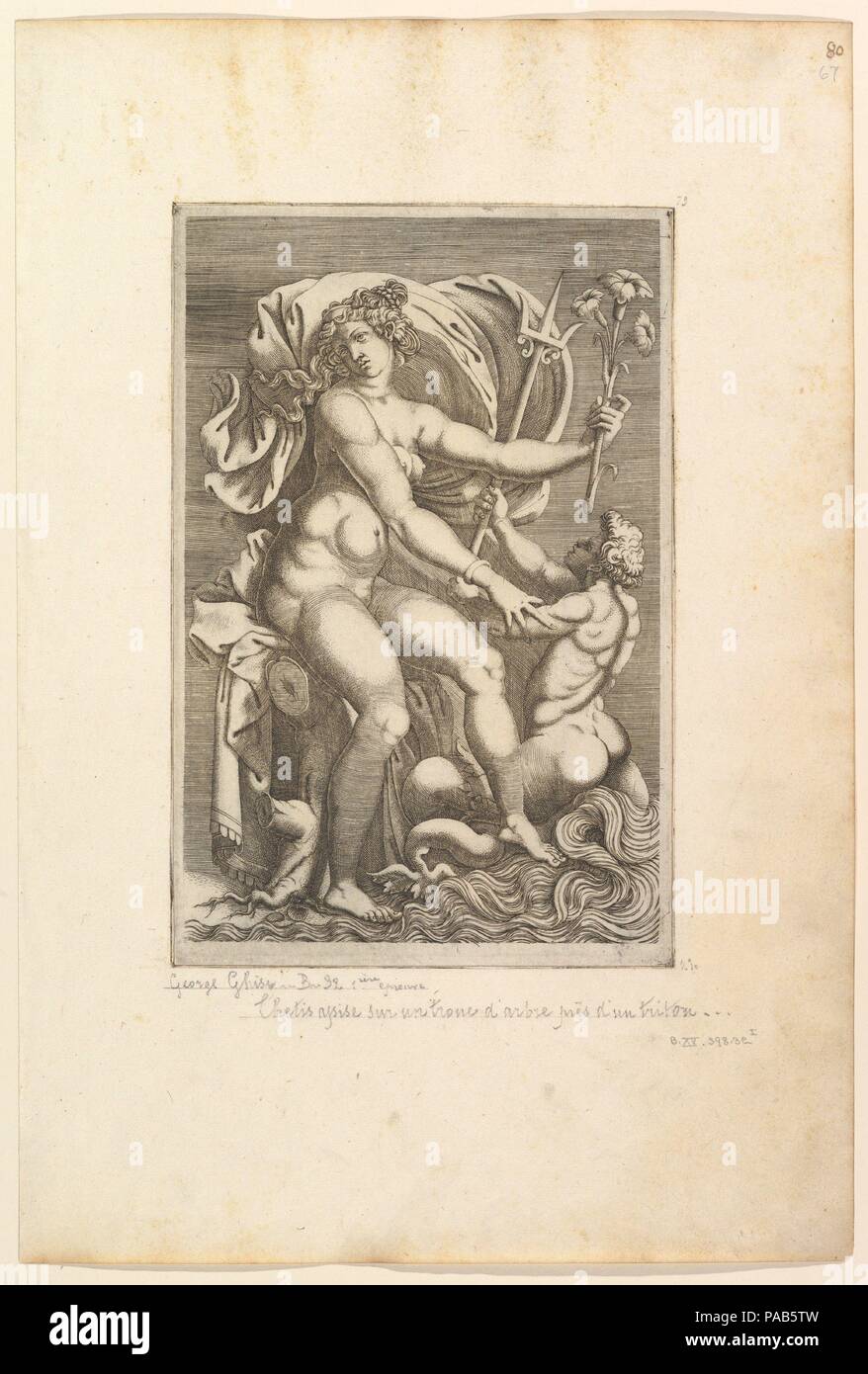 Thétis assis avec un triton. Artiste : Anonyme, Italien ?, 16e siècle ; après Perino del Vaga (Pietro Buonaccorsi (Italien), Florence Rome 1501-1547). Dimensions : plaque : 9 13/16 x 6 1/2 in. (25 x 16,5 cm) Fiche technique : platemark 16 x 10 3/4 in. (40,7 x 27,3 cm). Ancienne Attribution : autrefois attribués à Giorgio Ghisi (Italien, Mantoue ca. Mantoue 1520-1582). Date : le 16ème siècle. Musée : Metropolitan Museum of Art, New York, USA. Banque D'Images
