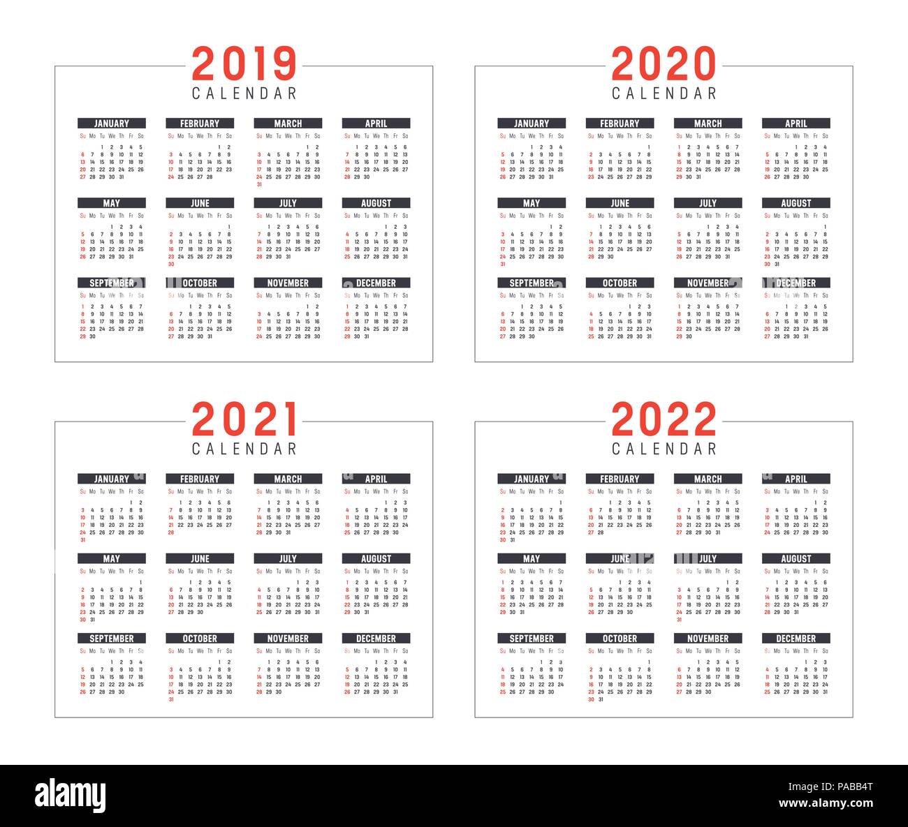 Ensemble de calendriers minimaliste, années 2019 2020 2021 2022 semaines, commencer dimanche, sur fond blanc - Vecteur de modèles. Illustration de Vecteur
