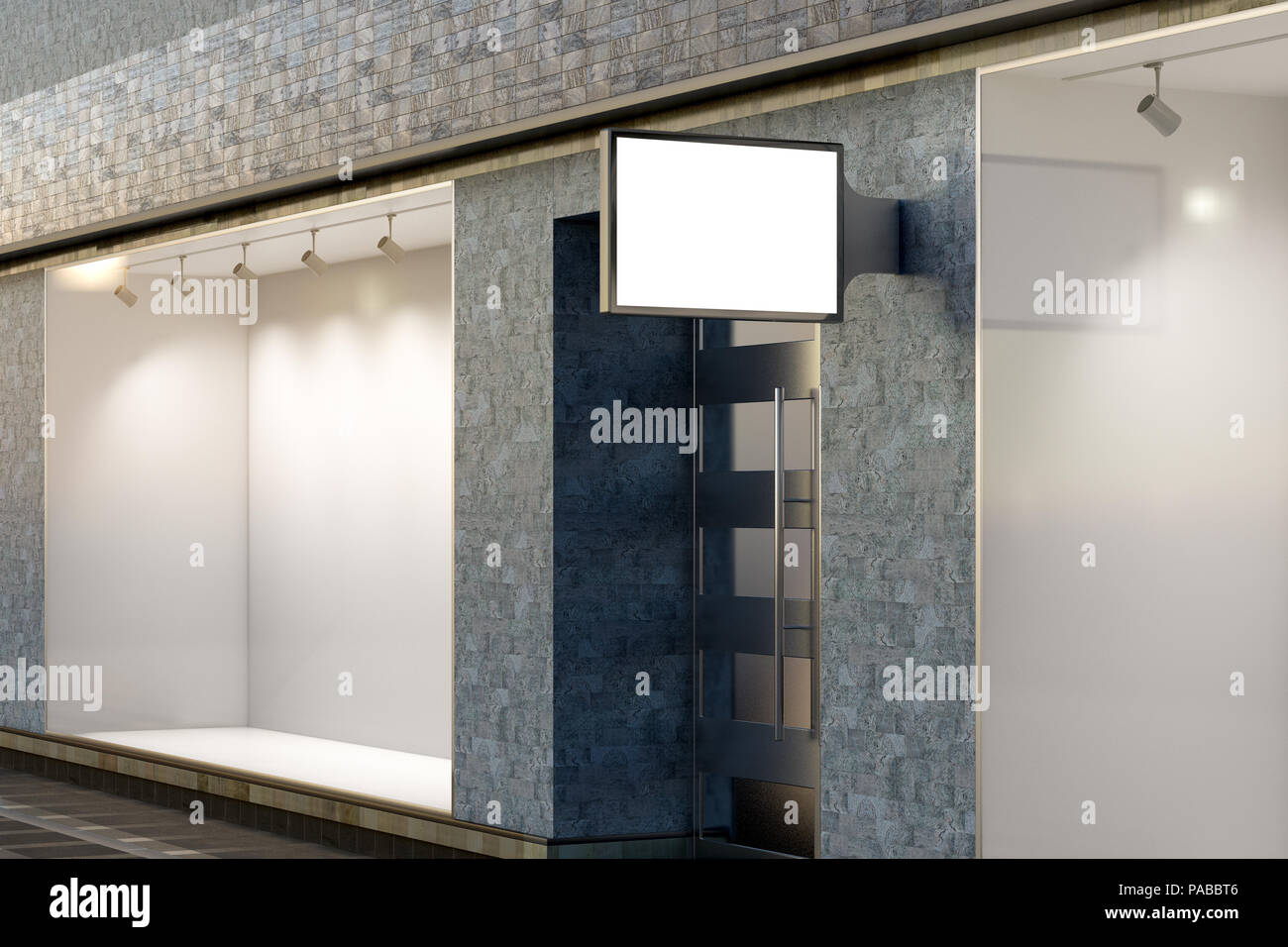 Fenêtre de magasin vide, la boutique sign et l'entrée. Vitrine vitrine vide et pancarte. 3d illustration Banque D'Images