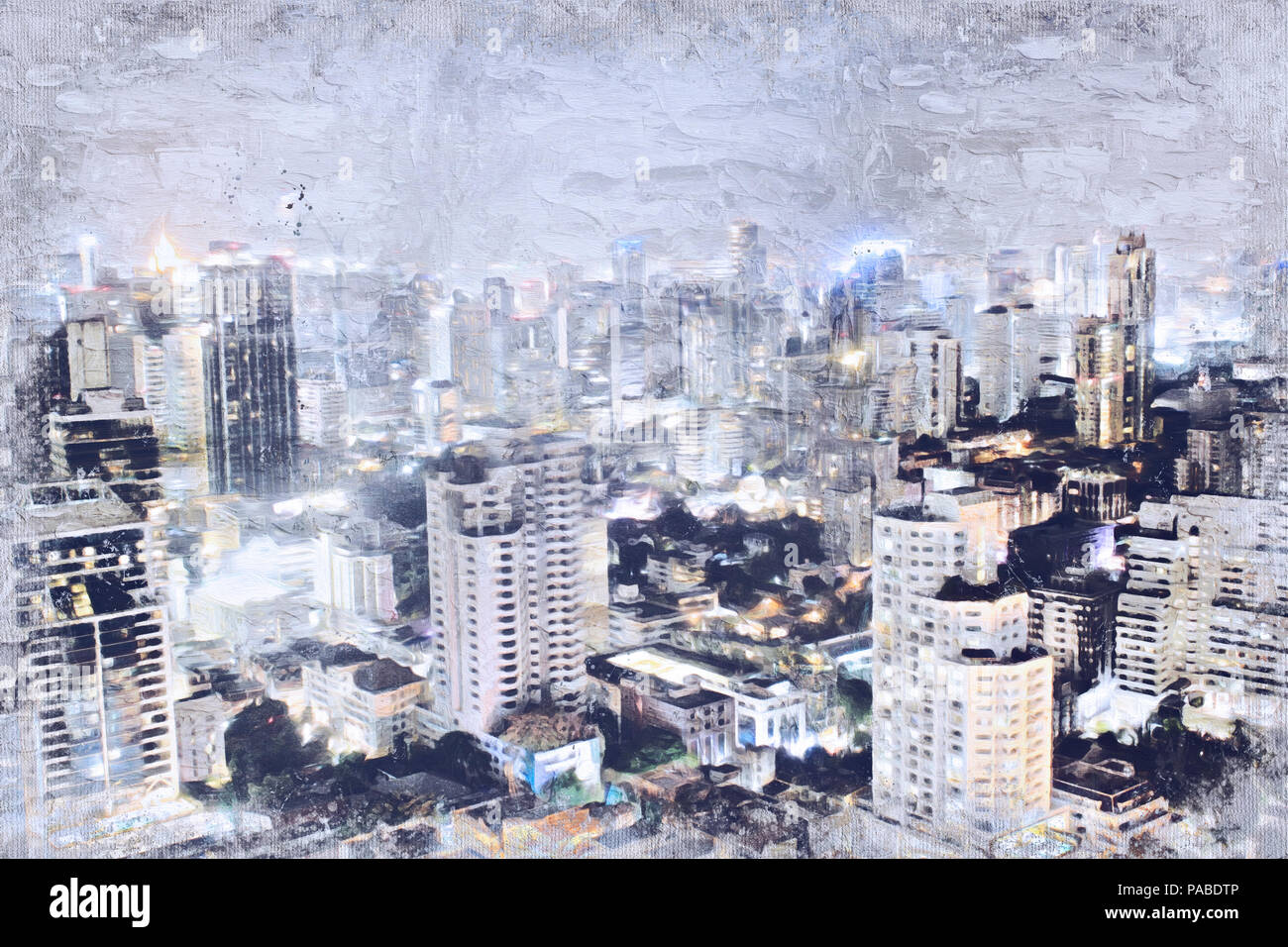 Abstract Night City et de bureaux en ville sur fond de peinture à l'huile. Banque D'Images