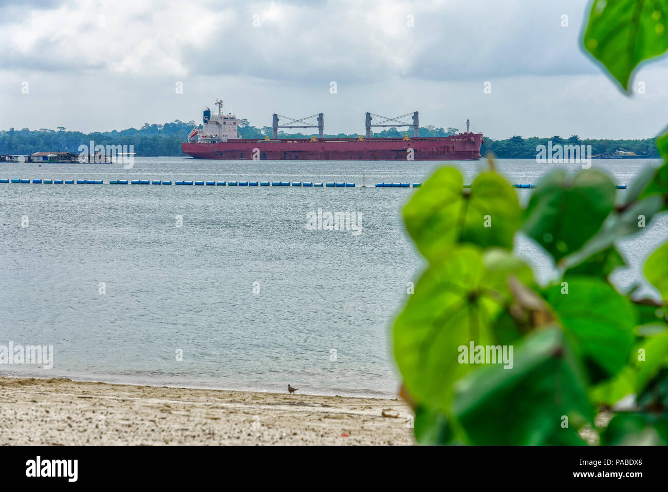 Singapour - 8 juillet 2018 : vraquier dans le détroit de Johor en face de Pulau Ubin. Banque D'Images