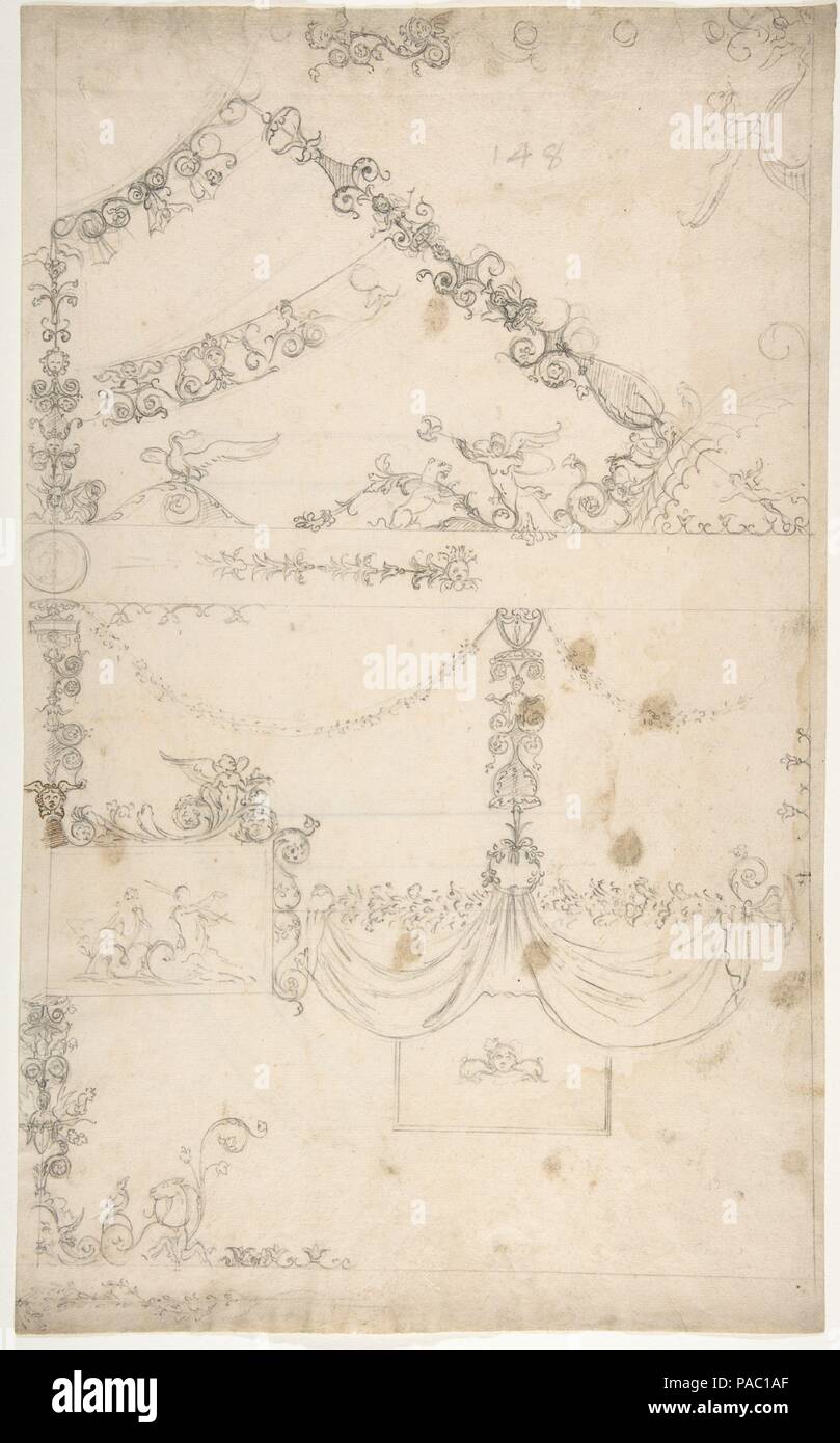 Domus Aurea, Volta Gialla, grotteschi, détails (recto) bâtiment non identifié, fenêtre thermique, l'altitude (verso). Fiche technique : Dimensions : 16 x 10 3/8 à 15/16. (43,1 x 26,4 cm). Rapporteur pour avis : dessiné par Anonyme, le français, 16ème siècle. Series/portefeuille : Goldschmidt Album. Date : première moitié du xvie siècle. Musée : Metropolitan Museum of Art, New York, USA. Banque D'Images