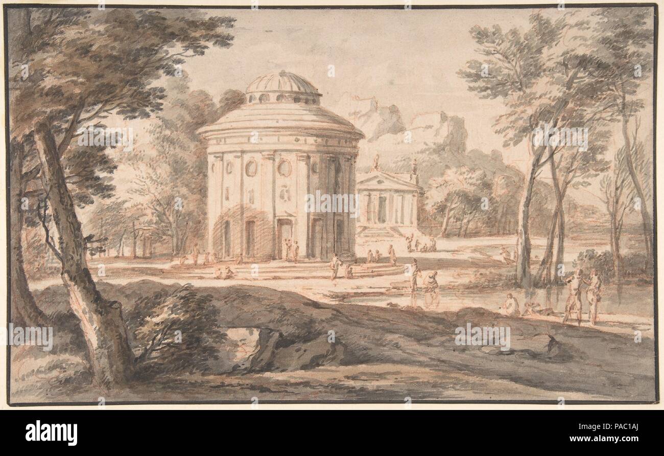 Paysage avec deux temples classiques et des chiffres. Artiste : attribué à Jan Frans van Bloemen (flamande, Anvers 1662-1749 Rome). Dimensions : 7 x 12 13/16 11/16 in. (19,9 x 32,2 cm). Date : n.d.. Musée : Metropolitan Museum of Art, New York, USA. Banque D'Images