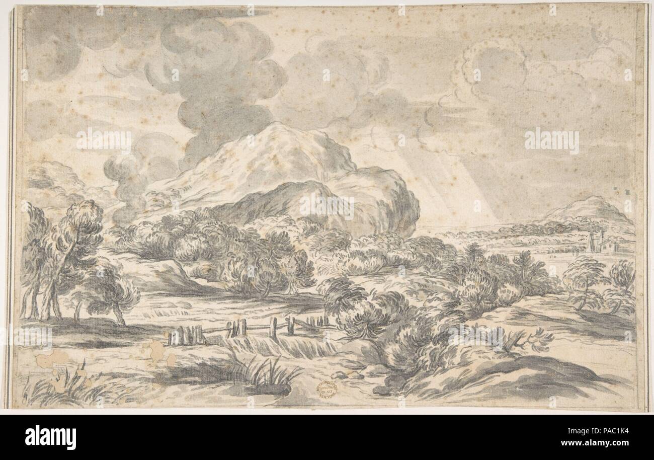 Paysage avec des montagnes au loin. Artiste : Ciro Ferri (Italien, Rome 1634 ?-1689) de Rome. Dimensions : 8 7/8 x 13 13/16dans. 35,1 x 22,6 (cm). Date : 1634-89. Musée : Metropolitan Museum of Art, New York, USA. Banque D'Images