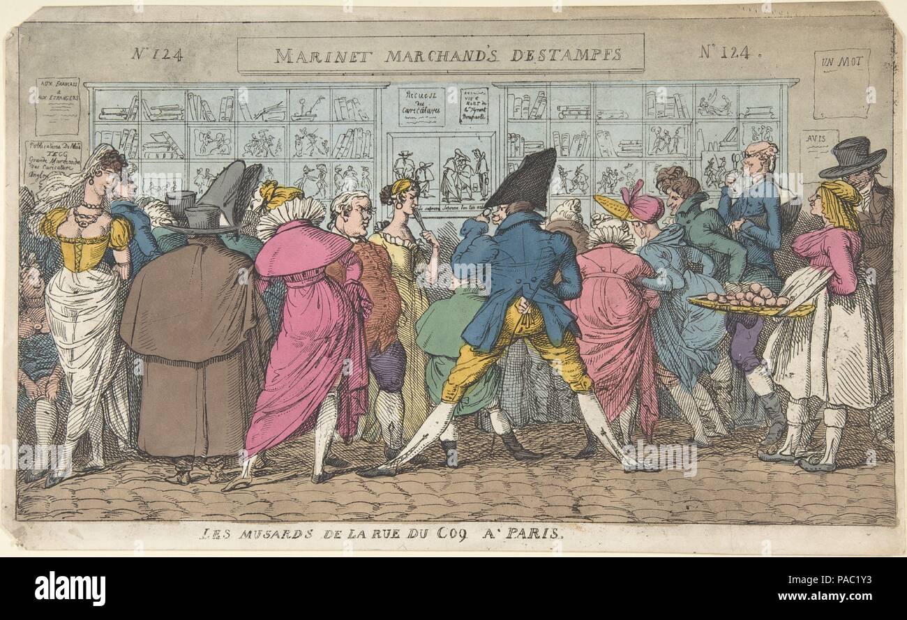 Les Musards de la rue du Coq à Paris (Dawdlers de la rue Coq, Paris). Artiste : attribué à Thomas ROWLANDSON (britannique, Londres 1757-1827 Londres) ; d'après Pierre Nolasque Bergeret (Français, Bordeaux 1782-1863 Paris) ; Une fois la pensée d'être après Jean-Baptiste-François Bosio (Français, Monaco 1764-1827 Paris). Fiche technique : Dimensions : 9 1/8 x 15 1/16 in. (23,2 x 38,2 cm). Date : ca. 1810. Une foule de personnes dans la rue à l'extérieur de 'Martinet Librairie', l'atelier au n°88. 124 rue du Coq-Saint-Honoré, Paris, essayant d'évaluer l'impression et à l'autre. La boutique possède un signe qui se lit comme suit : "arinet [tr Banque D'Images