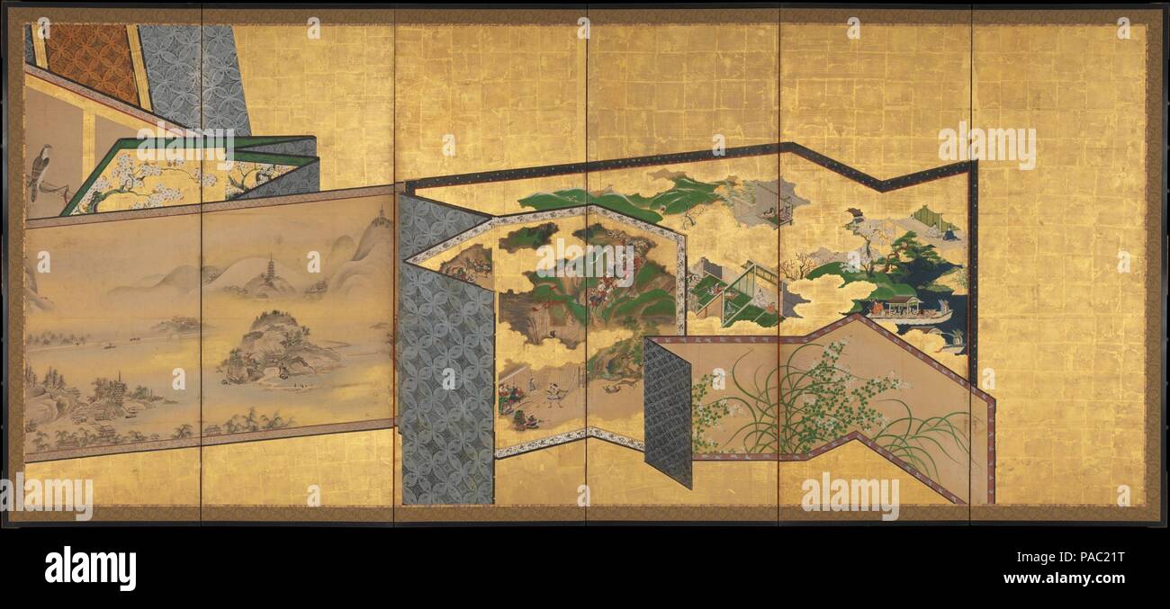 Dans les écrans Les écrans. Culture : le Japon. Dimensions : Image (chaque écran) : 66 15/16 x 148 in. (170 x 376 cm). Date : le 18e siècle. Cette paire d'écrans est inhabituelle dans son objet : les répliques de paravent peint sur les écrans eux-mêmes offrent un catalogue de styles fantaisistes atelier pratique durant la période Edo. Ils se rapportent à deux catégories d'écrans, l'un connu sous le nom de "dont les manches ?' et un autre appelé "Fans dispersée.' des écrans de la première fonction type de représentations de robes à motifs diversement drapé sur des grilles ; ceux de la dernière catégorie sont décorées avec des fans qui ont t Banque D'Images