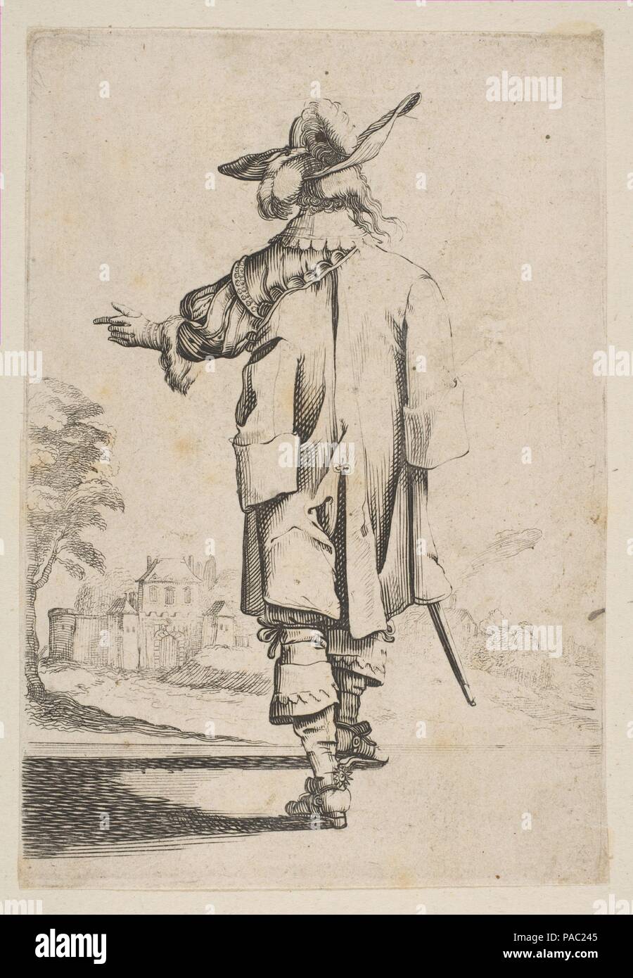 Gentleman vu de l'arrière pointe vers un château. Artiste : Anonymous, le français, 17e siècle ; d'après Abraham Bosse (Français, Tours 1602/1604-1676 Paris) ; Après Jean de Saint-Igny (Français, Rouen ca. 1595/1600-1647 Paris). Fiche Technique Dimensions : (découpés) : 5 1/2 x 3 3/4 in. (14 × 9,5 cm). Series/portefeuille : le Jardin de la Noblesse Française (Le jardin de la noblesse française). Date : 1629. Musée : Metropolitan Museum of Art, New York, USA. Banque D'Images